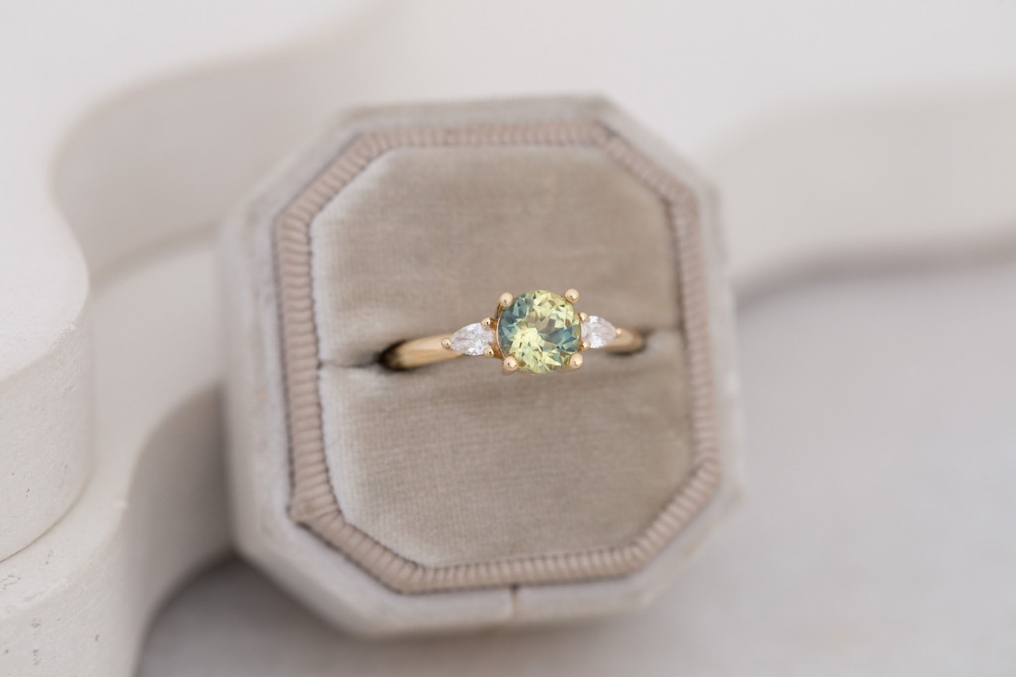 Iris Ring | Bicolor Green + Yellow Sapphire + Pear Diamond Accent Engagement Ring 1.35 ct | 14k Recycled Gold | One of a Kind