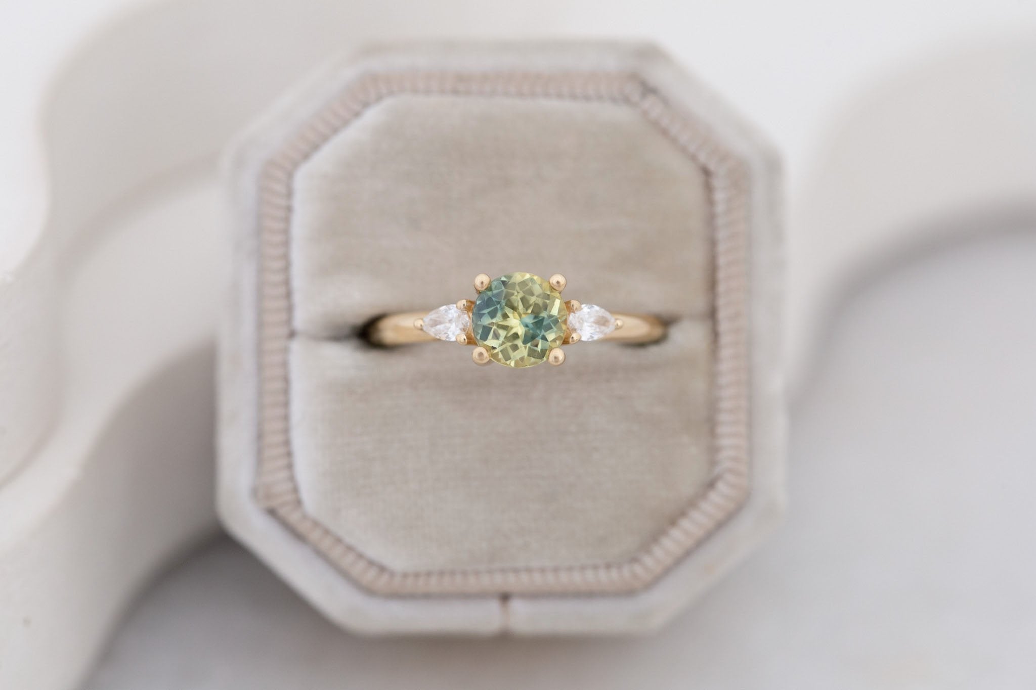 Iris Ring | Bicolor Green + Yellow Sapphire + Pear Diamond Accent Engagement Ring 1.35 ct | 14k Recycled Gold | One of a Kind