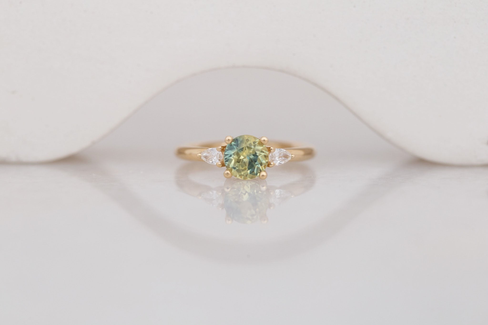 Iris Ring | Bicolor Green + Yellow Sapphire + Pear Diamond Accent Engagement Ring 1.35 ct | 14k Recycled Gold | One of a Kind