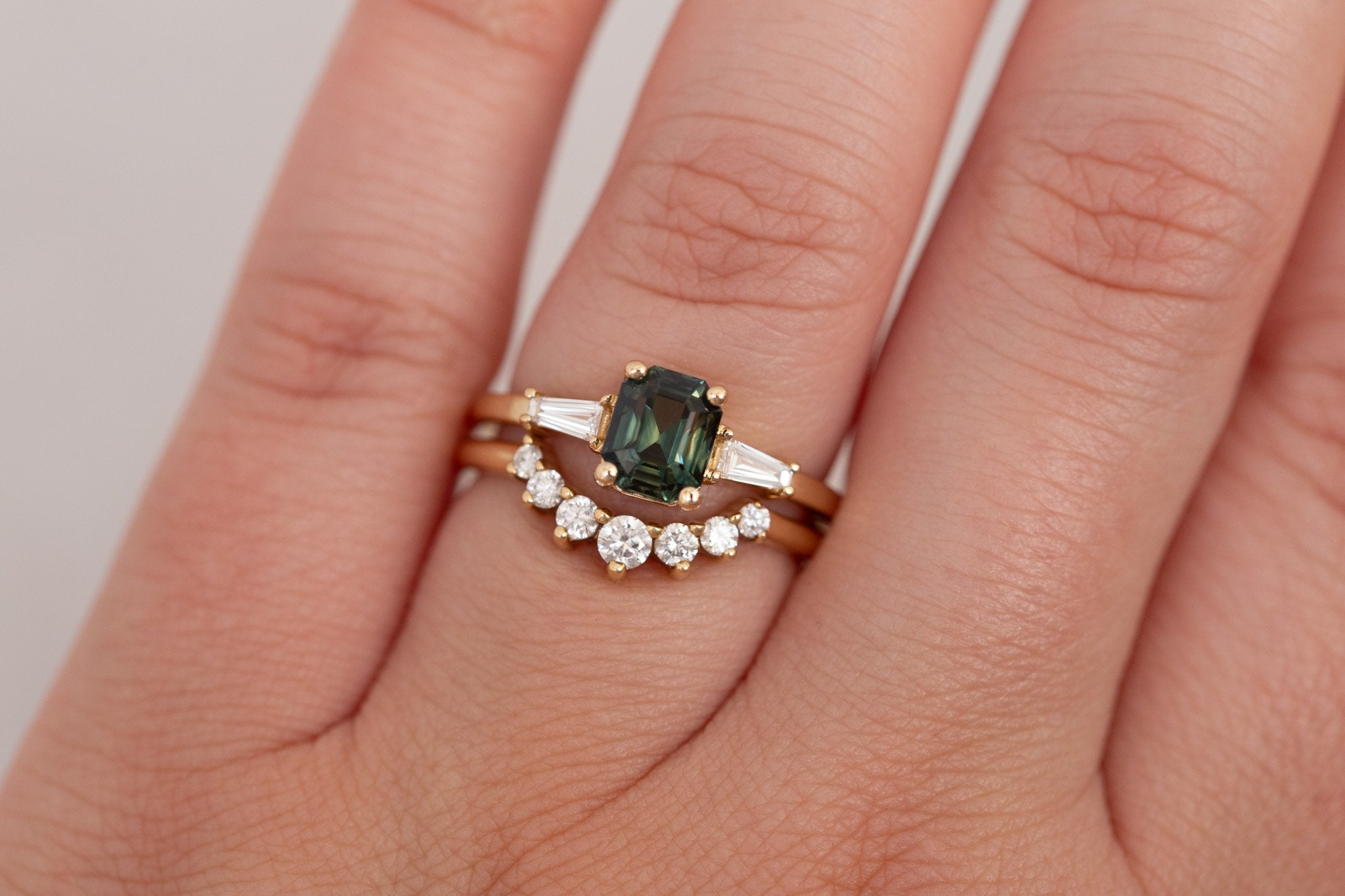 Marlowe Ring | Green Emerald Cut Sapphire + Tapered Baguette Engagement Ring 1.37 ct | 14k Recycled Gold | One of a Kind
