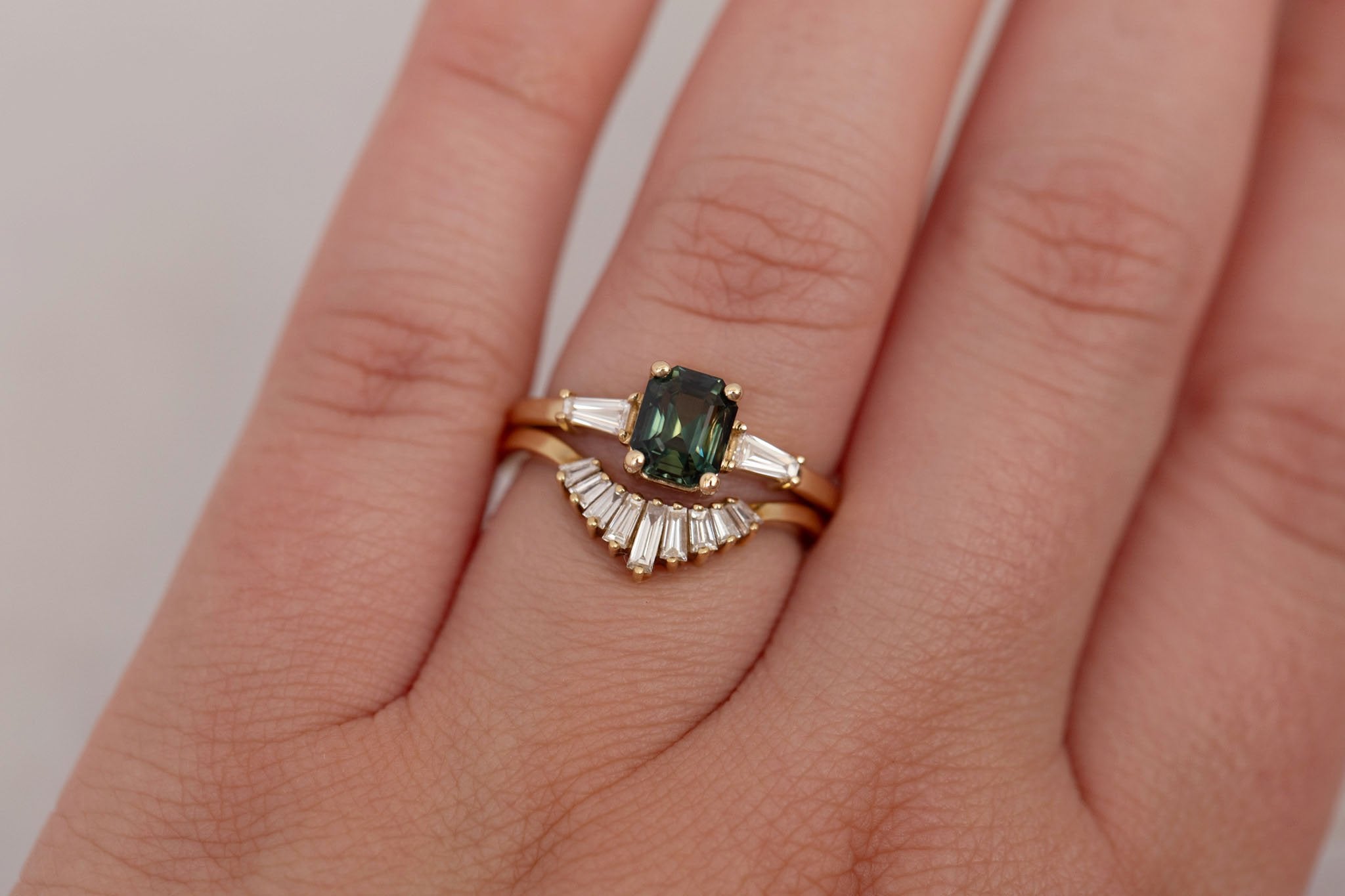 Marlowe Ring | Green Emerald Cut Sapphire + Tapered Baguette Engagement Ring 1.37 ct | 14k Recycled Gold | One of a Kind