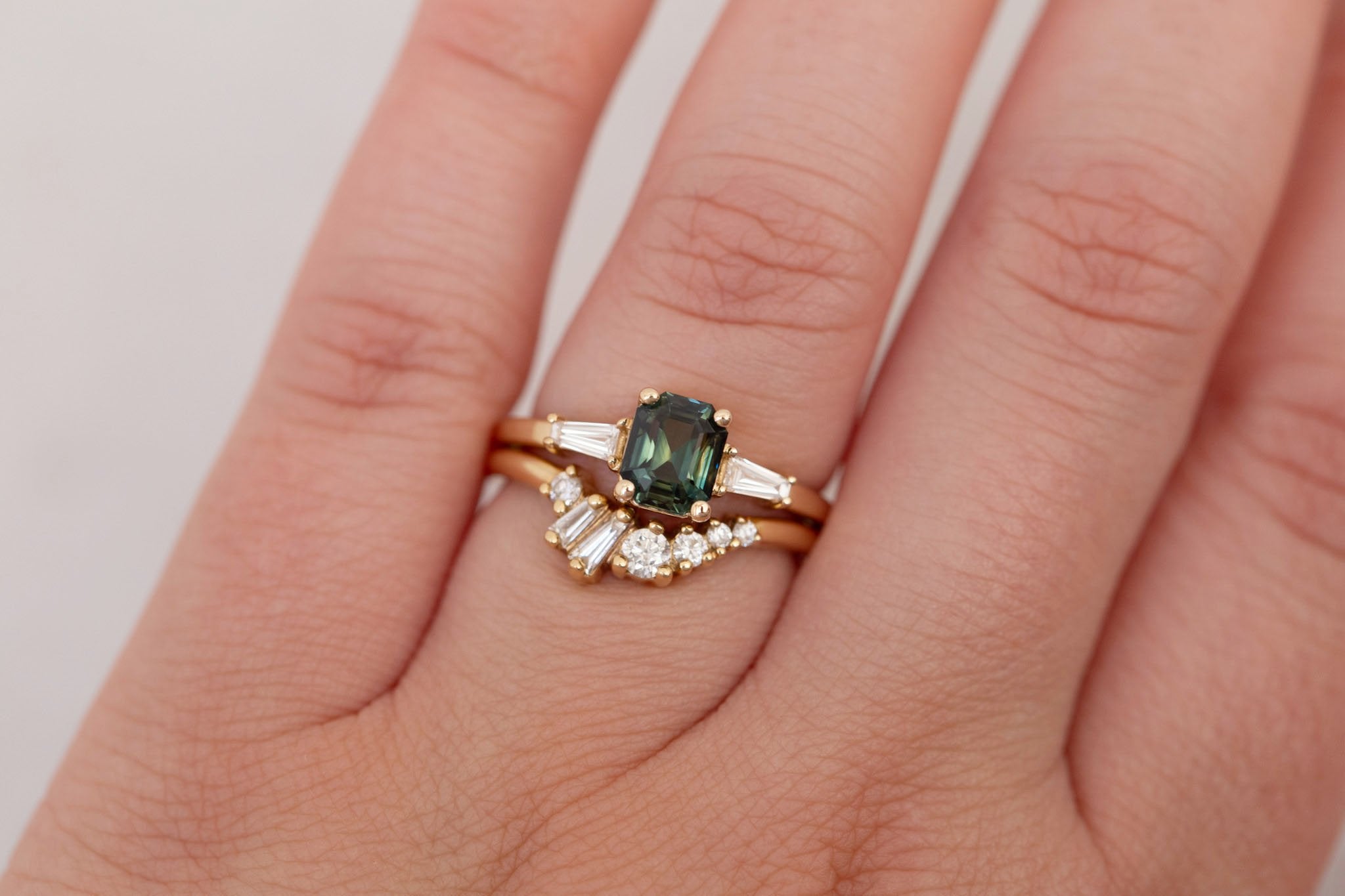 Marlowe Ring | Green Emerald Cut Sapphire + Tapered Baguette Engagement Ring 1.37 ct | 14k Recycled Gold | One of a Kind