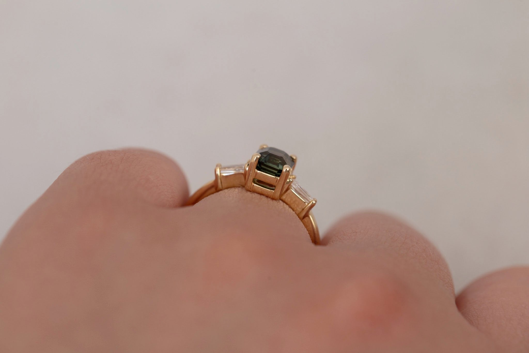 Marlowe Ring | Green Emerald Cut Sapphire + Tapered Baguette Engagement Ring 1.37 ct | 14k Recycled Gold | One of a Kind
