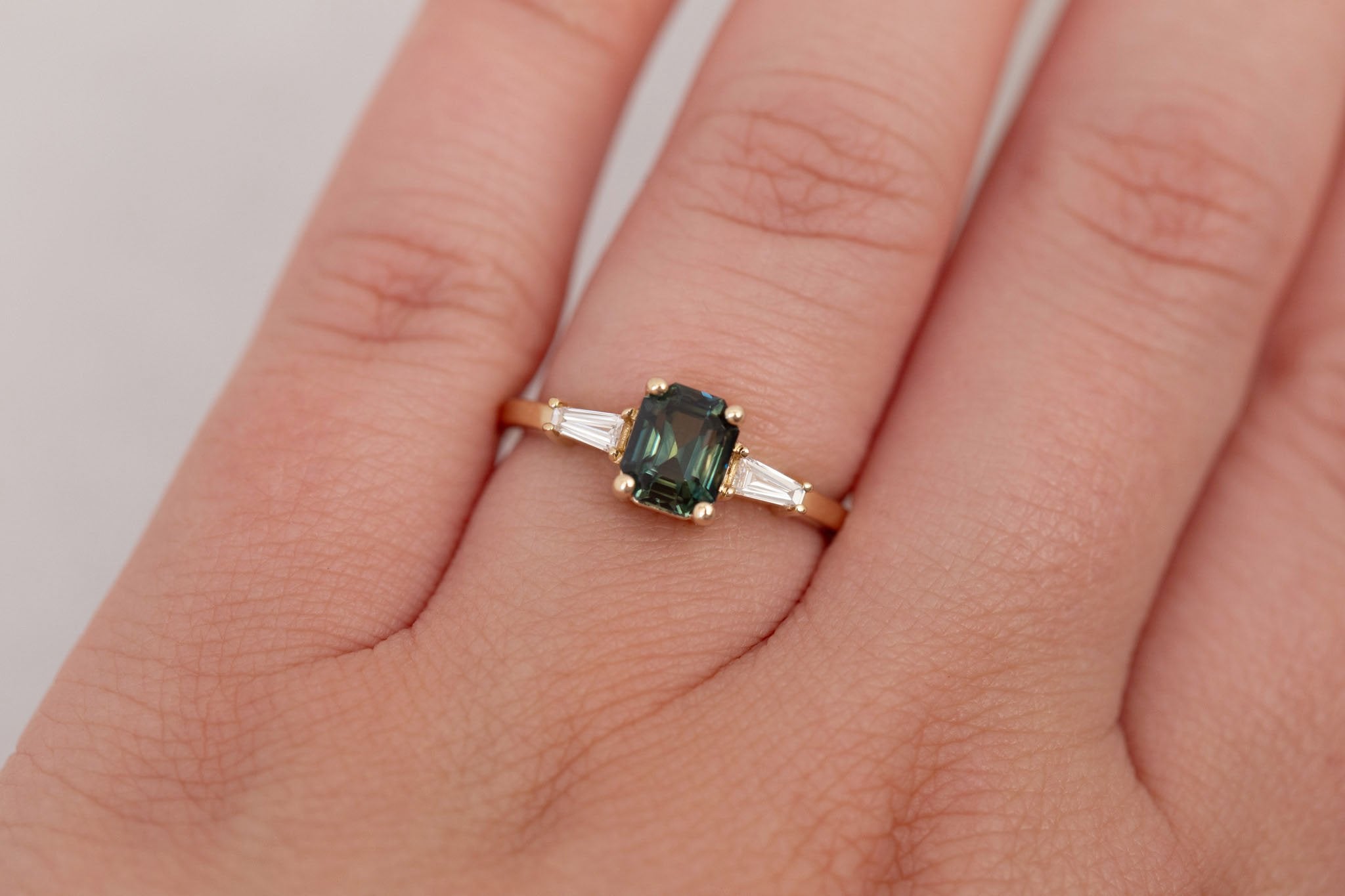 Marlowe Ring | Green Emerald Cut Sapphire + Tapered Baguette Engagement Ring 1.37 ct | 14k Recycled Gold | One of a Kind