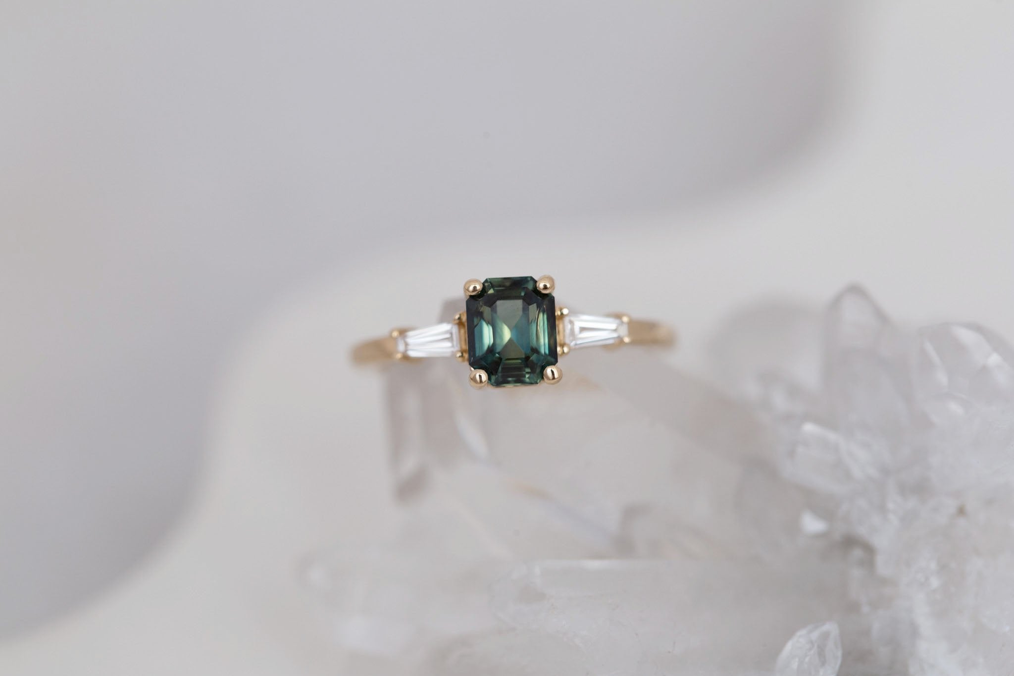 Marlowe Ring | Green Emerald Cut Sapphire + Tapered Baguette Engagement Ring 1.37 ct | 14k Recycled Gold | One of a Kind