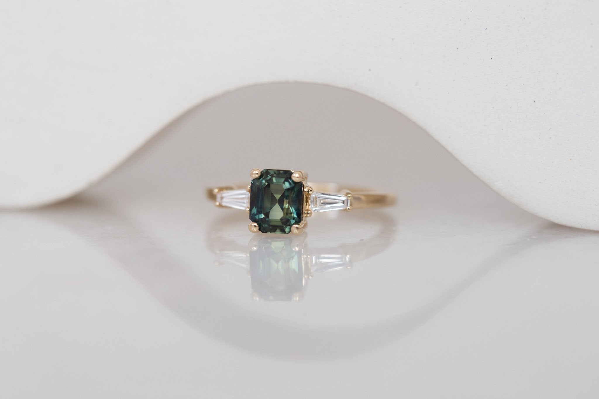 Marlowe Ring | Green Emerald Cut Sapphire + Tapered Baguette Engagement Ring 1.37 ct | 14k Recycled Gold | One of a Kind