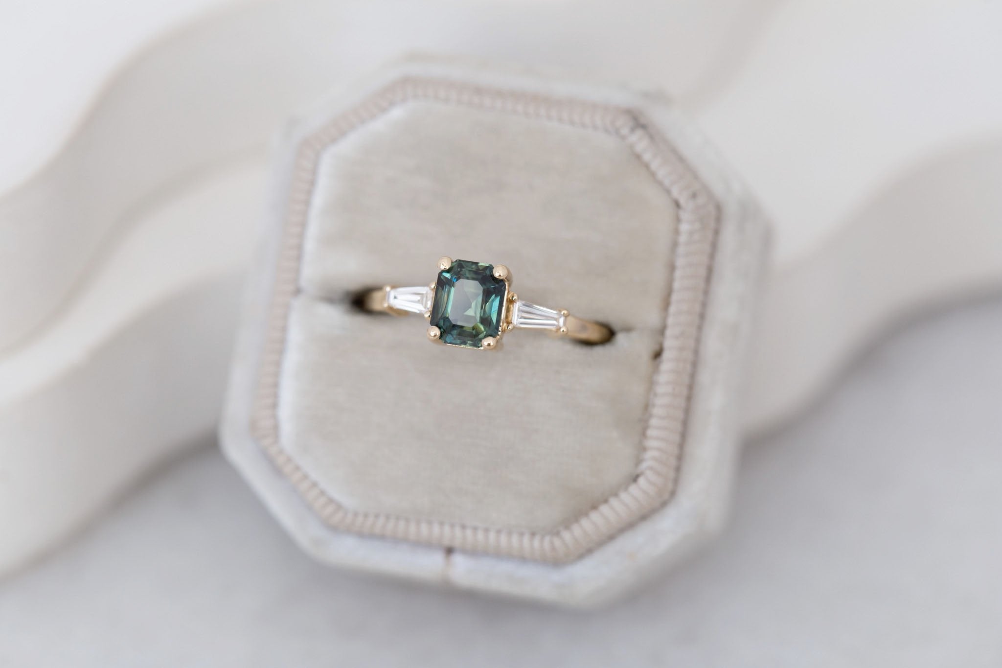 Marlowe Ring | Green Emerald Cut Sapphire + Tapered Baguette Engagement Ring 1.37 ct | 14k Recycled Gold | One of a Kind