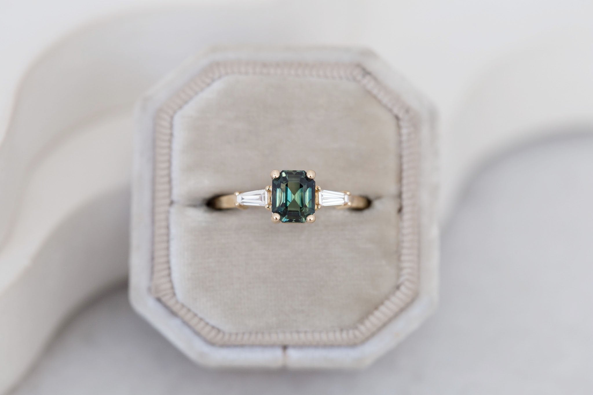 Marlowe Ring | Green Emerald Cut Sapphire + Tapered Baguette Engagement Ring 1.37 ct | 14k Recycled Gold | One of a Kind