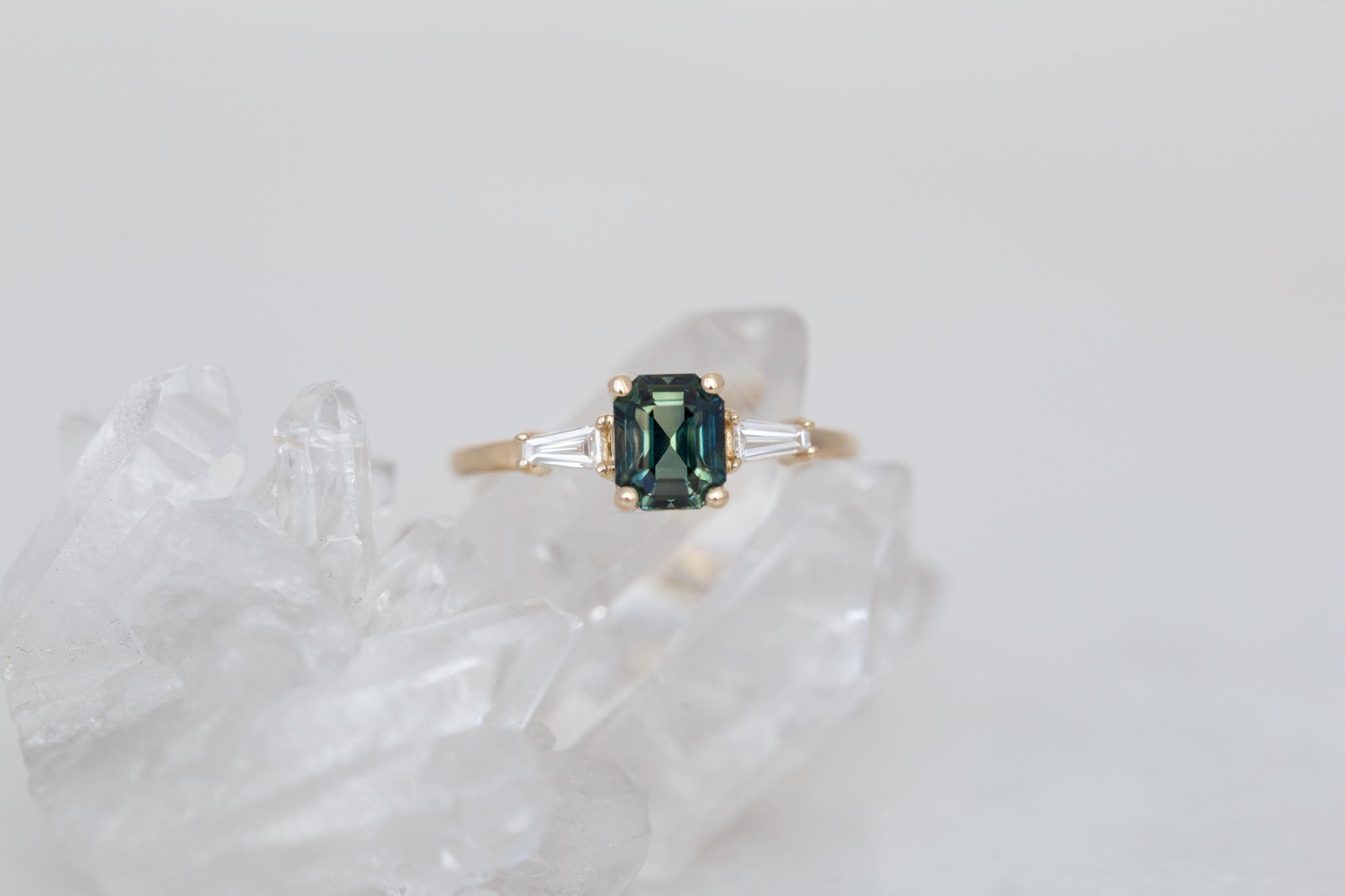 Marlowe Ring | Green Emerald Cut Sapphire + Tapered Baguette Engagement Ring 1.37 ct | 14k Recycled Gold | One of a Kind