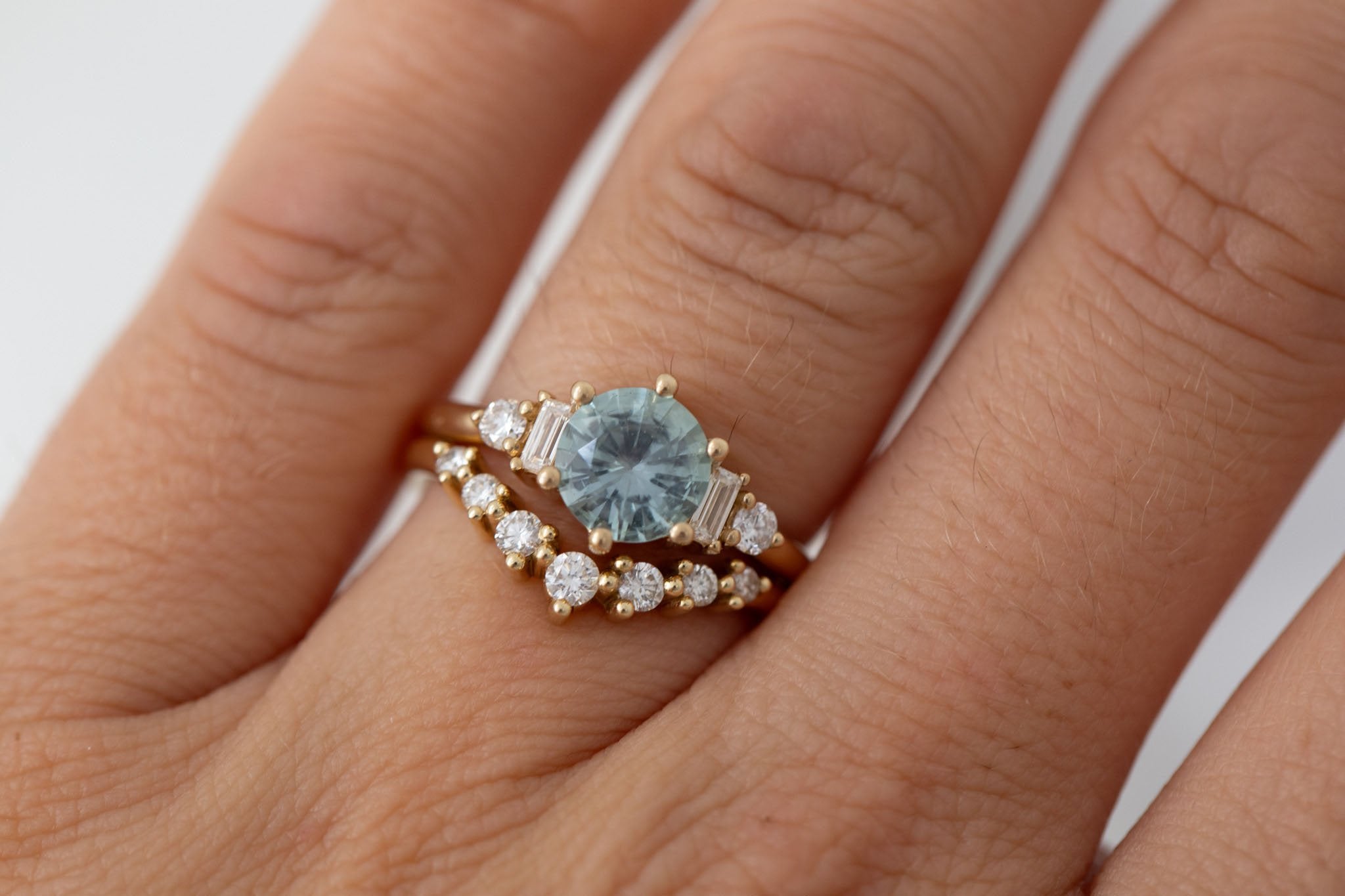 Alsea Ring | Mint Montana Sapphire + Baguette and Round Diamond Accent Engagement Ring 1.50 ct | 14k Recycled Gold | One of a Kind