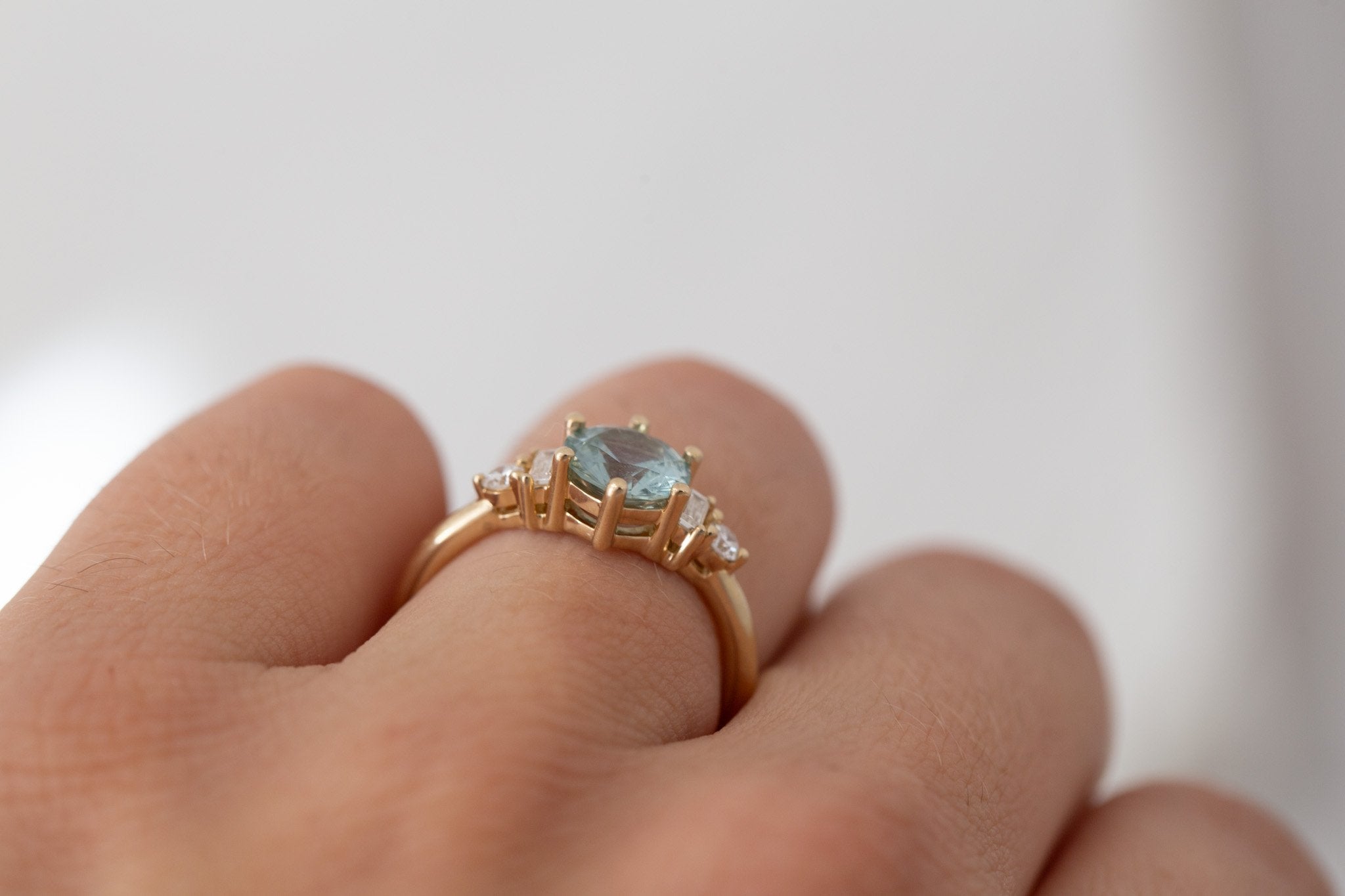 Alsea Ring | Mint Montana Sapphire + Baguette and Round Diamond Accent Engagement Ring 1.50 ct | 14k Recycled Gold | One of a Kind