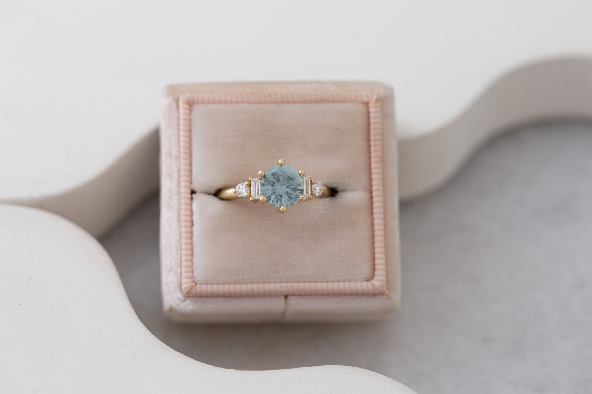 Alsea Ring | Mint Montana Sapphire + Baguette and Round Diamond Accent Engagement Ring 1.50 ct | 14k Recycled Gold | One of a Kind