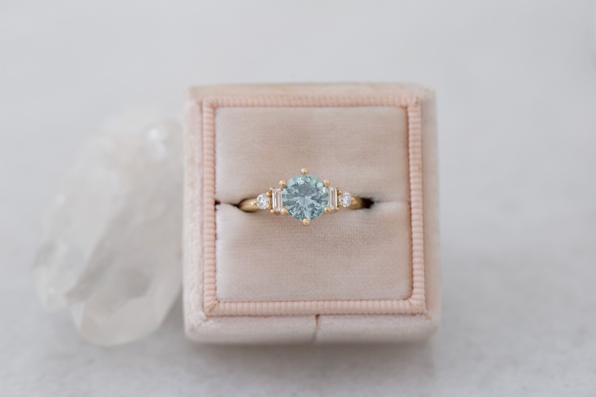 Alsea Ring | Mint Montana Sapphire + Baguette and Round Diamond Accent Engagement Ring 1.50 ct | 14k Recycled Gold | One of a Kind