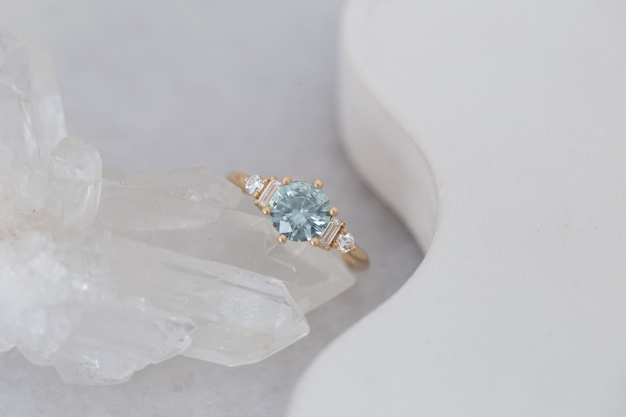 Alsea Ring | Mint Montana Sapphire + Baguette and Round Diamond Accent Engagement Ring 1.50 ct | 14k Recycled Gold | One of a Kind