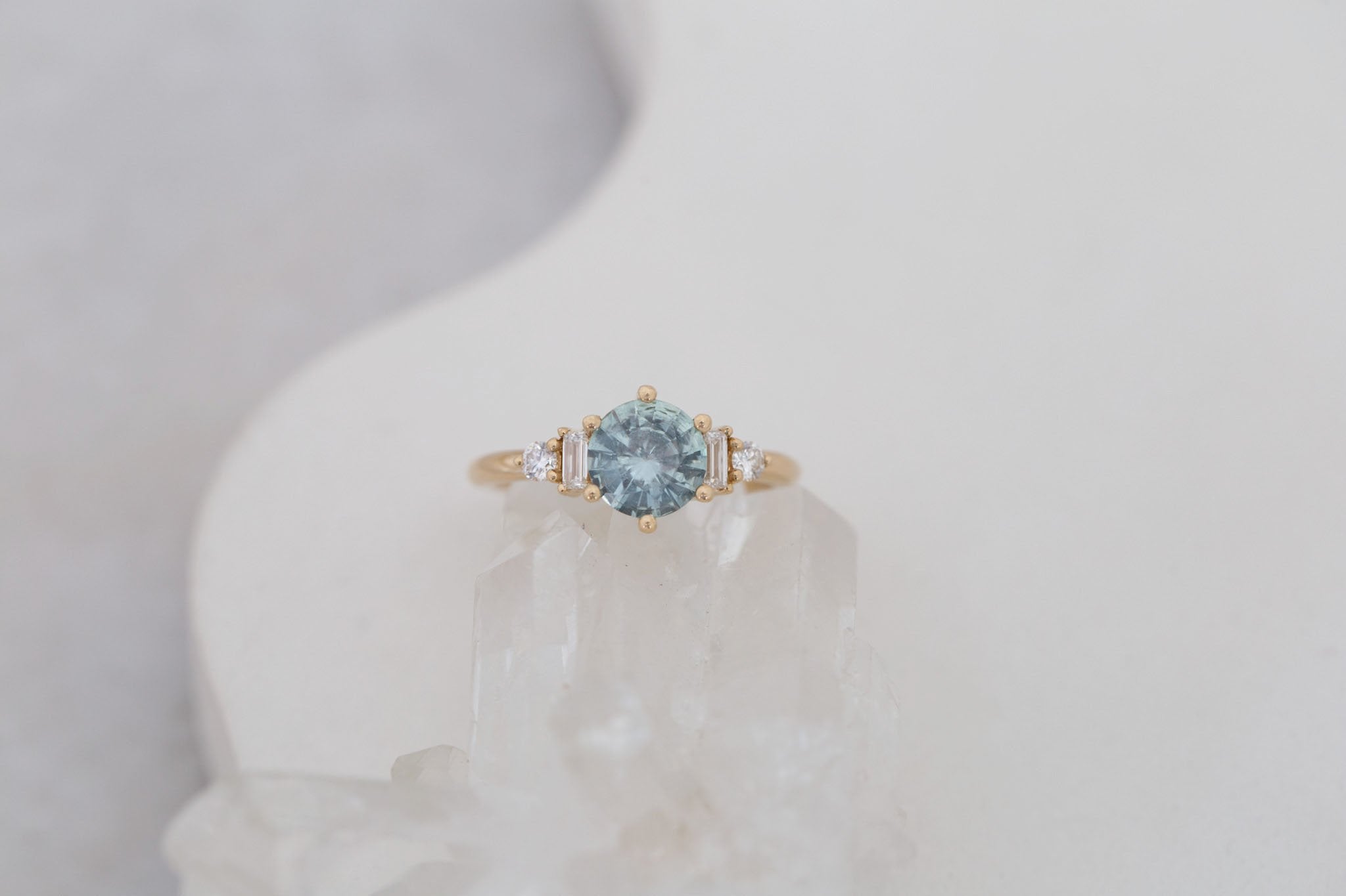 Alsea Ring | Mint Montana Sapphire + Baguette and Round Diamond Accent Engagement Ring 1.50 ct | 14k Recycled Gold | One of a Kind