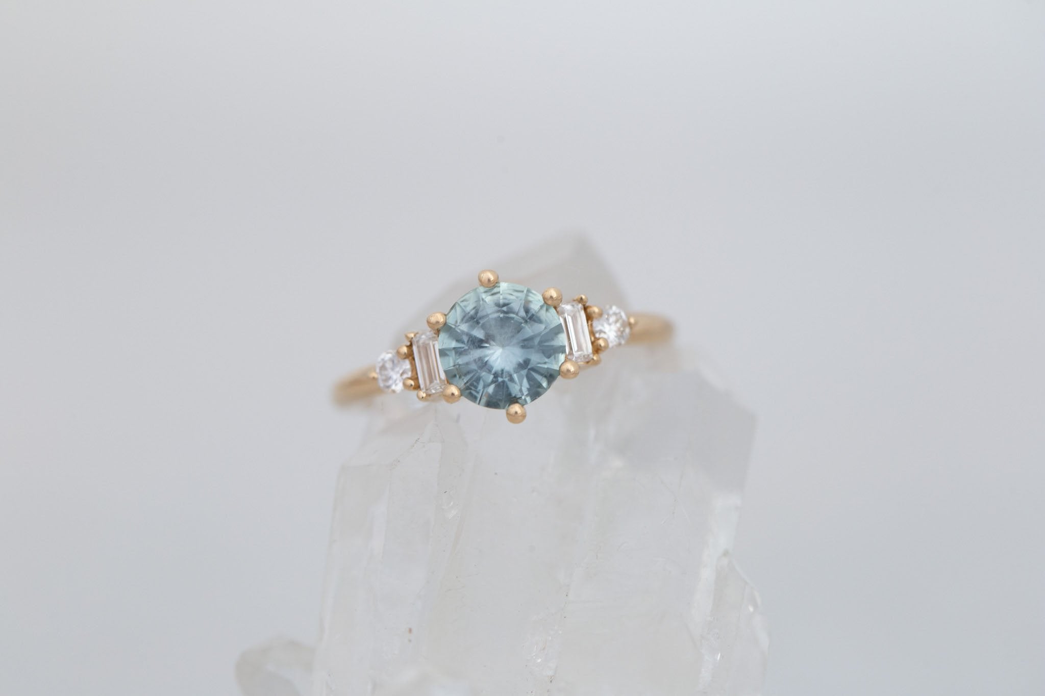 Alsea Ring | Mint Montana Sapphire + Baguette and Round Diamond Accent Engagement Ring 1.50 ct | 14k Recycled Gold | One of a Kind
