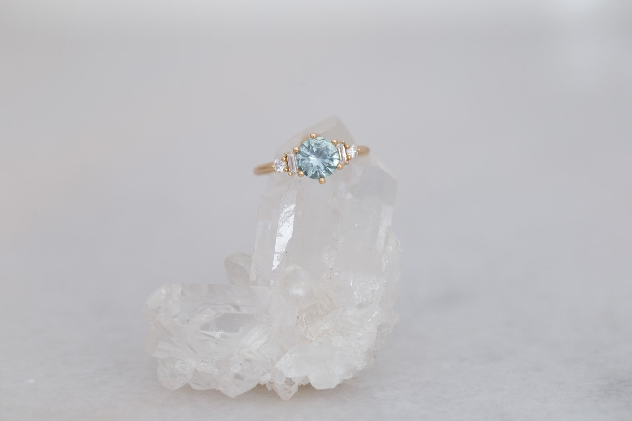 Alsea Ring | Mint Montana Sapphire + Baguette and Round Diamond Accent Engagement Ring 1.50 ct | 14k Recycled Gold | One of a Kind