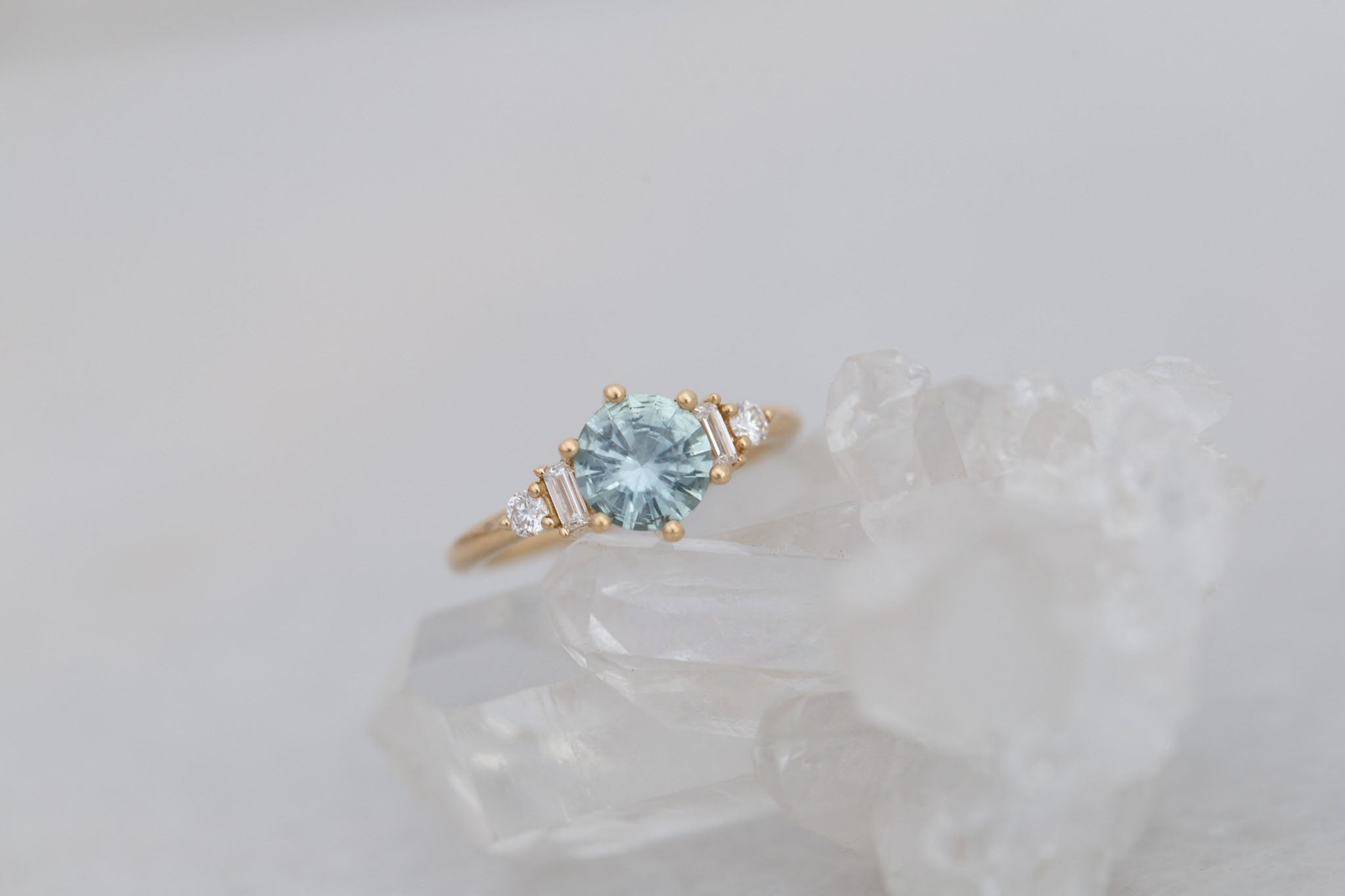 Alsea Ring | Mint Montana Sapphire + Baguette and Round Diamond Accent Engagement Ring 1.50 ct | 14k Recycled Gold | One of a Kind