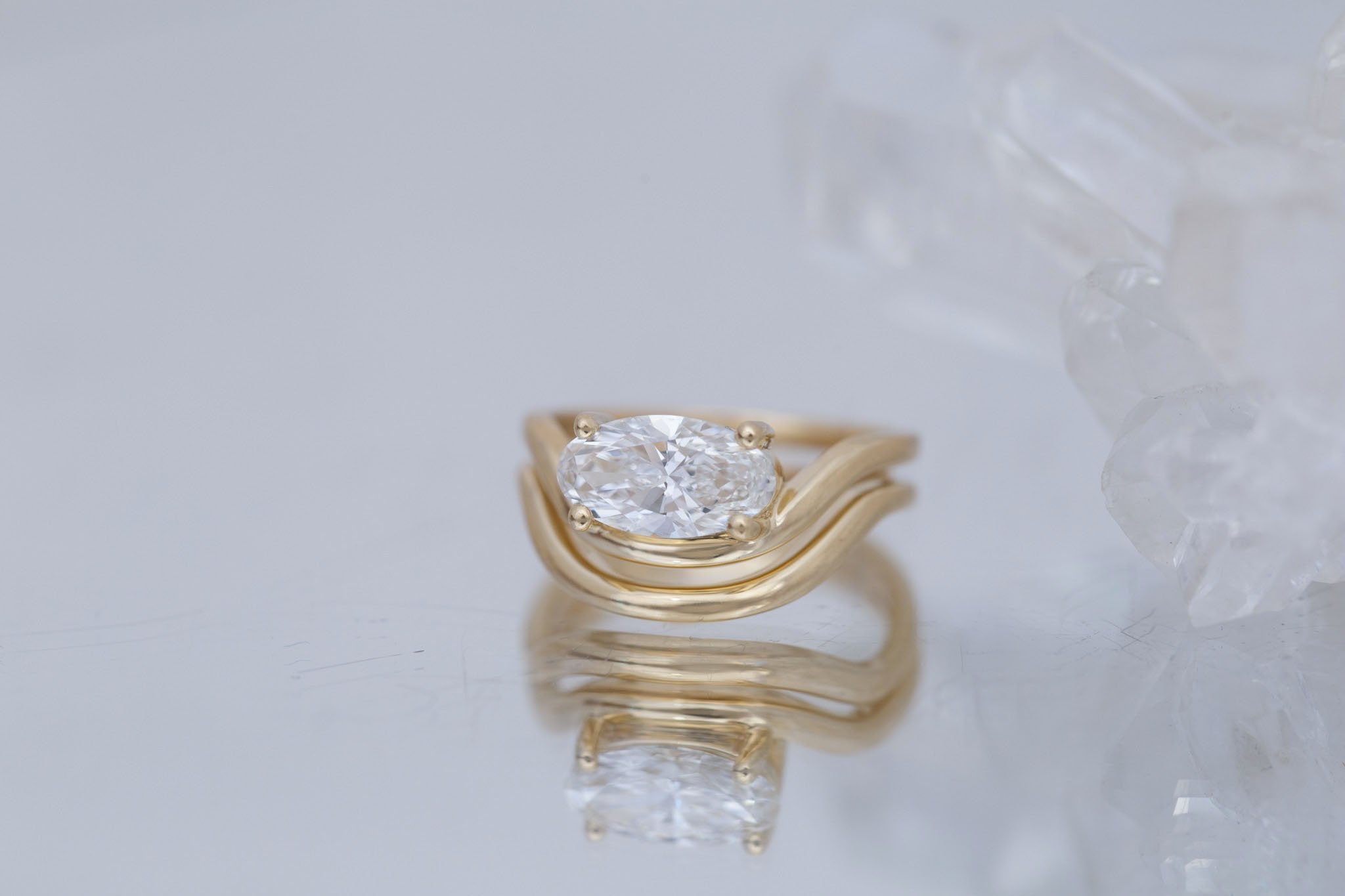 Hayes Ring | Lab Moval Solitaire + Double Curved Band Engagement Ring 1.53 ct | 14k Recycled Gold | One of a Kind