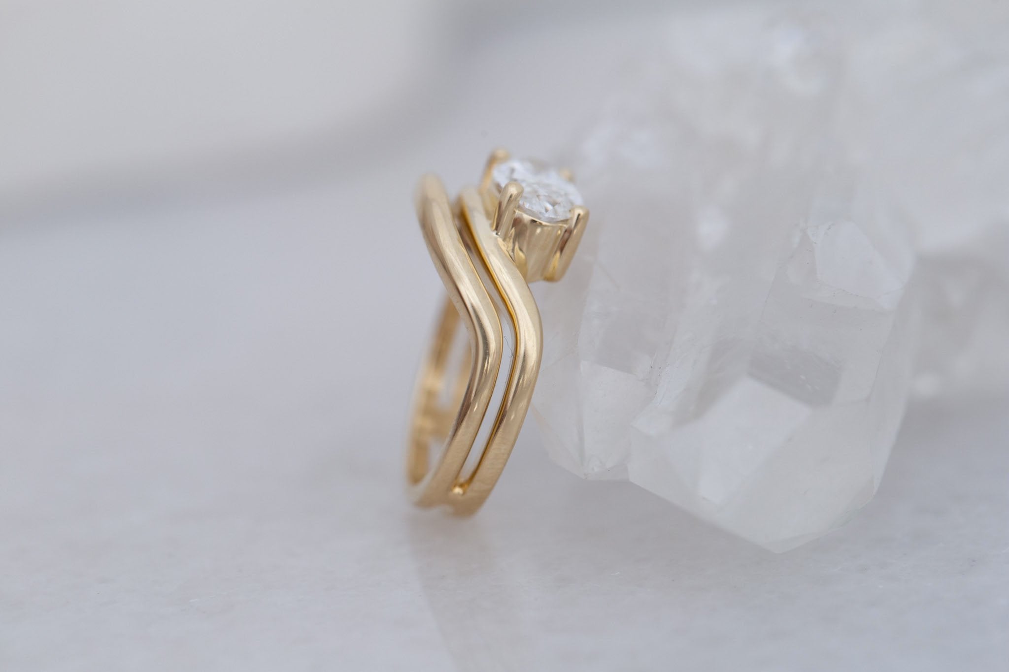 Hayes Ring | Lab Moval Solitaire + Double Curved Band Engagement Ring 1.53 ct | 14k Recycled Gold | One of a Kind