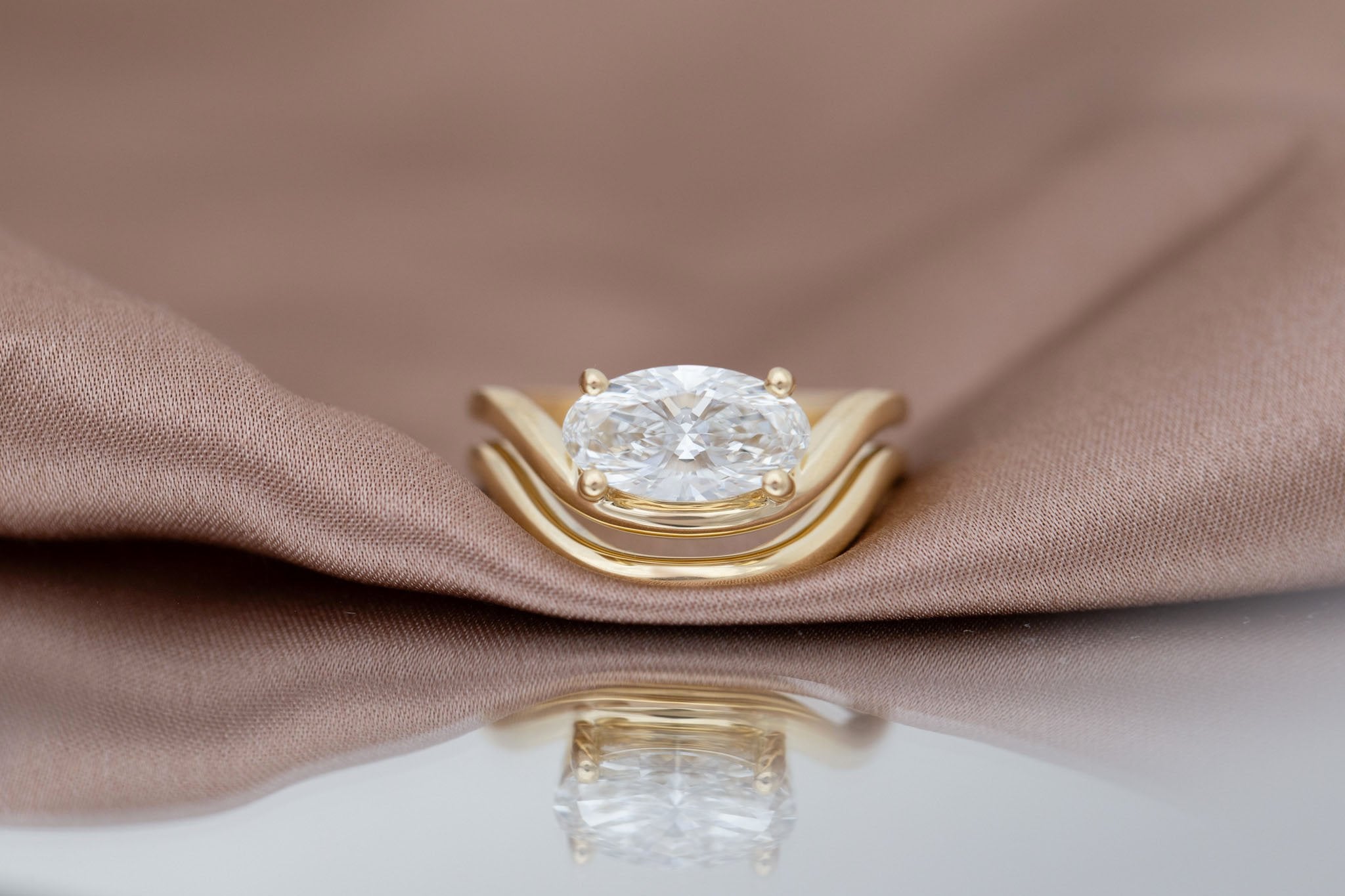 Hayes Ring | Lab Moval Solitaire + Double Curved Band Engagement Ring 1.53 ct | 14k Recycled Gold | One of a Kind