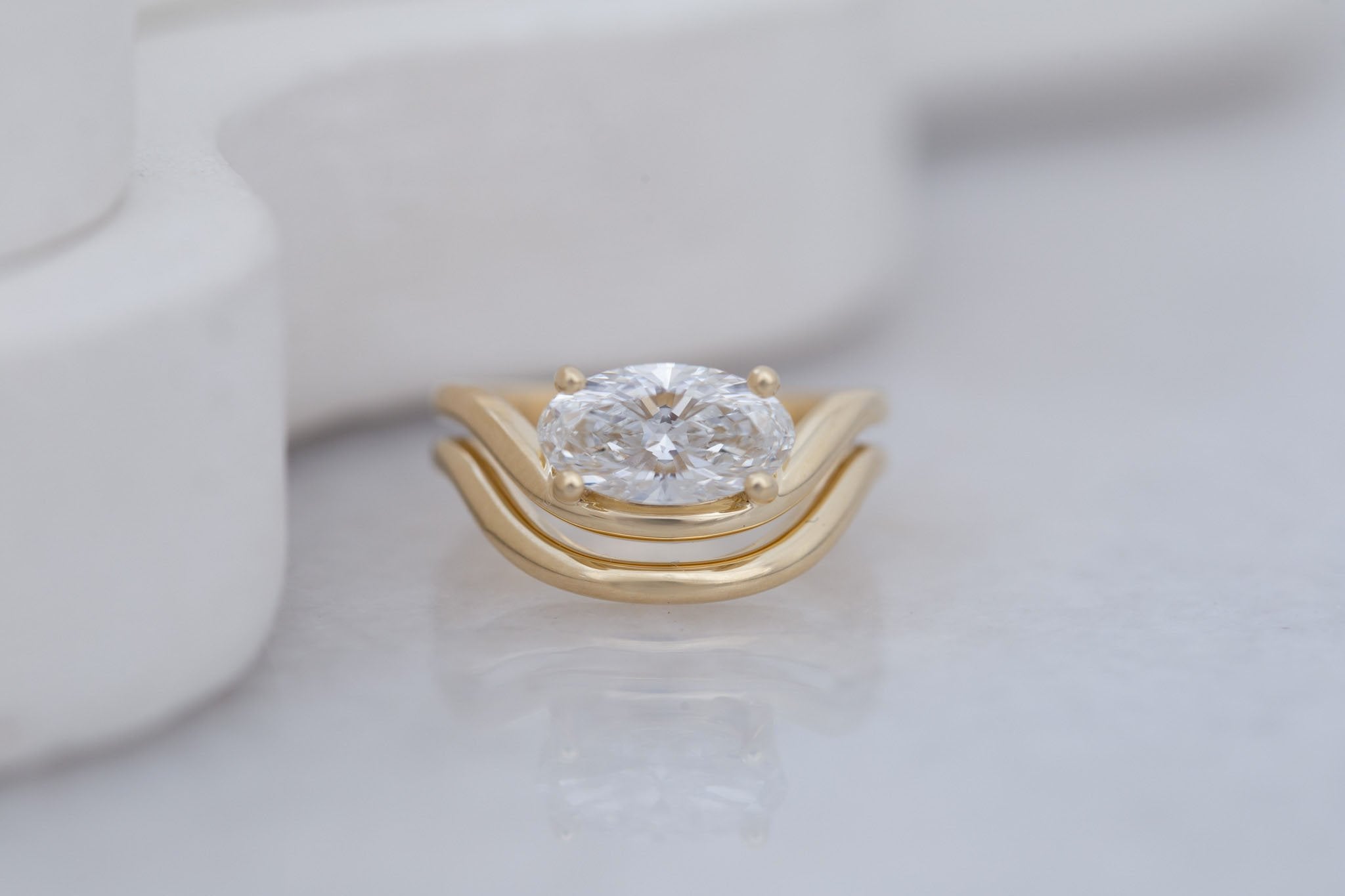 Hayes Ring | Lab Moval Solitaire + Double Curved Band Engagement Ring 1.53 ct | 14k Recycled Gold | One of a Kind