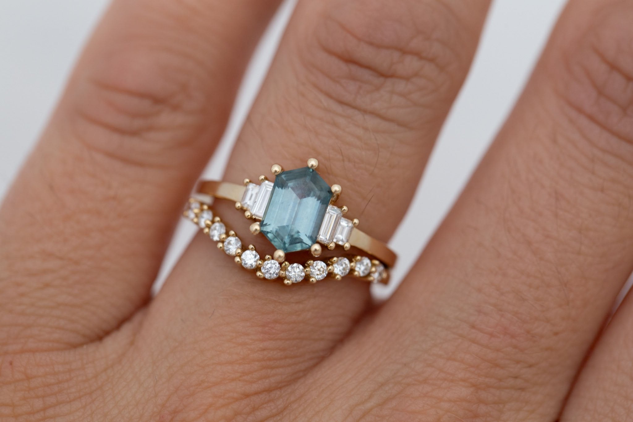Ash Ring | Teal Hexagonal Montana Sapphire + Diamond Baguette Engagement Ring 1.54 ct | 14k Recycled Gold | One of a Kind