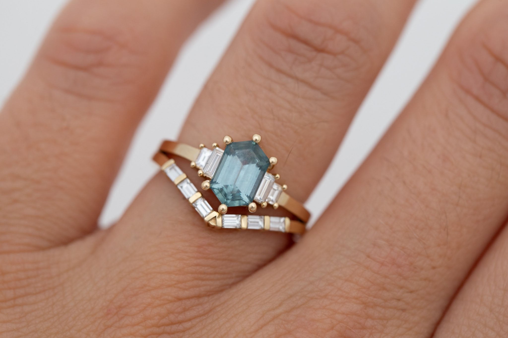 Ash Ring | Teal Hexagonal Montana Sapphire + Diamond Baguette Engagement Ring 1.54 ct | 14k Recycled Gold | One of a Kind
