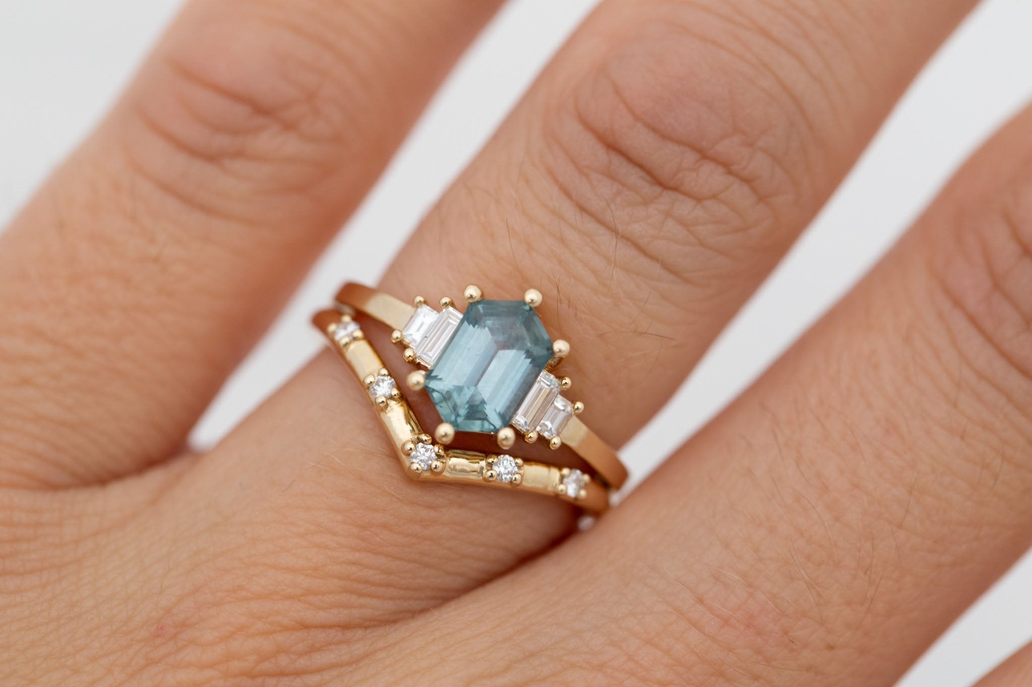 Ash Ring | Teal Hexagonal Montana Sapphire + Diamond Baguette Engagement Ring 1.54 ct | 14k Recycled Gold | One of a Kind