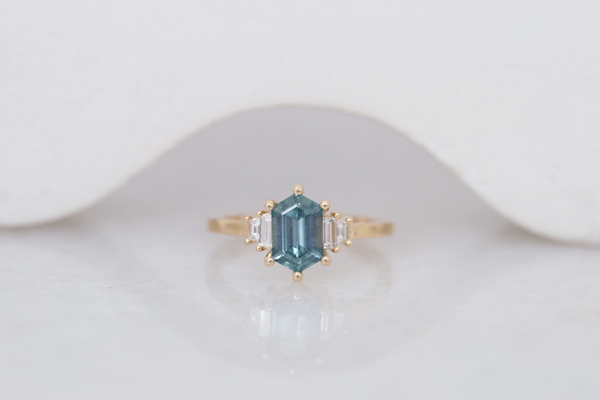Ash Ring | Teal Hexagonal Montana Sapphire + Diamond Baguette Engagement Ring 1.54 ct | 14k Recycled Gold | One of a Kind
