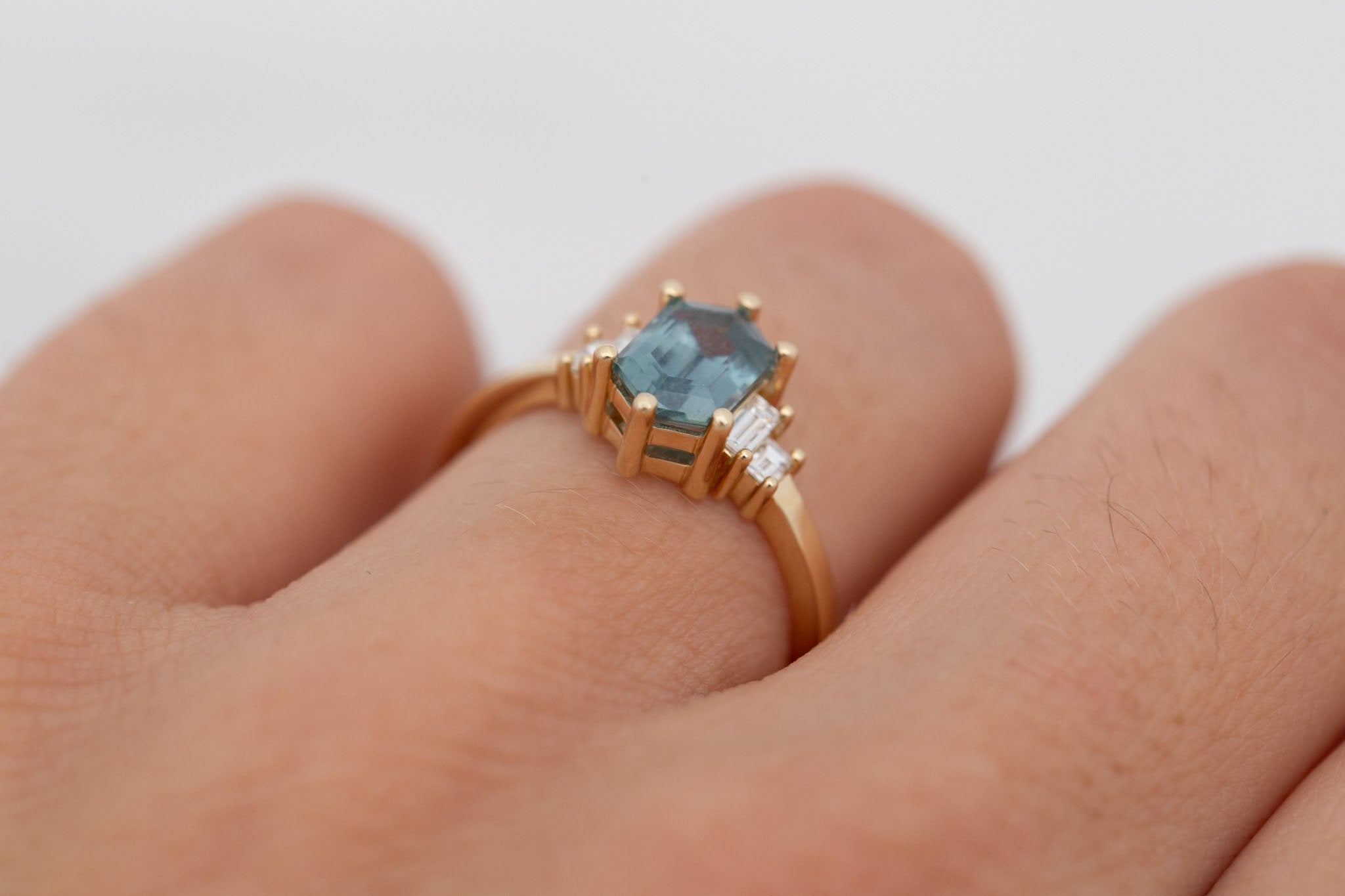Ash Ring | Teal Hexagonal Montana Sapphire + Diamond Baguette Engagement Ring 1.54 ct | 14k Recycled Gold | One of a Kind