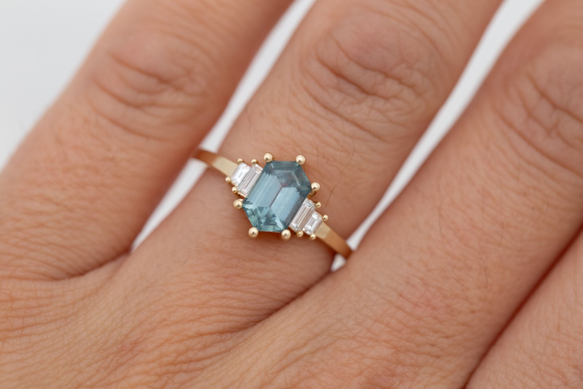 Ash Ring | Teal Hexagonal Montana Sapphire + Diamond Baguette Engagement Ring 1.54 ct | 14k Recycled Gold | One of a Kind