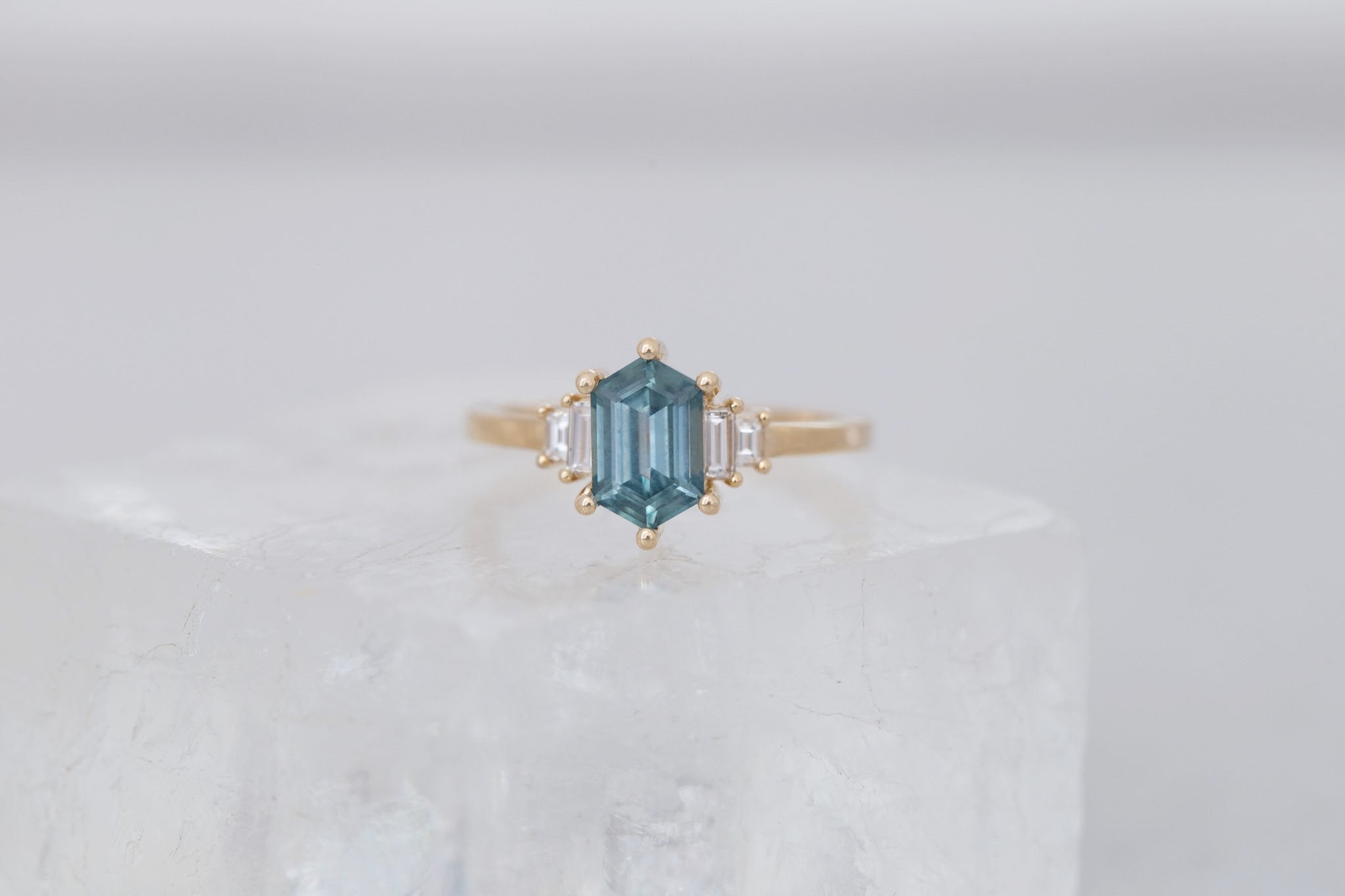 Ash Ring | Teal Hexagonal Montana Sapphire + Diamond Baguette Engagement Ring 1.54 ct | 14k Recycled Gold | One of a Kind