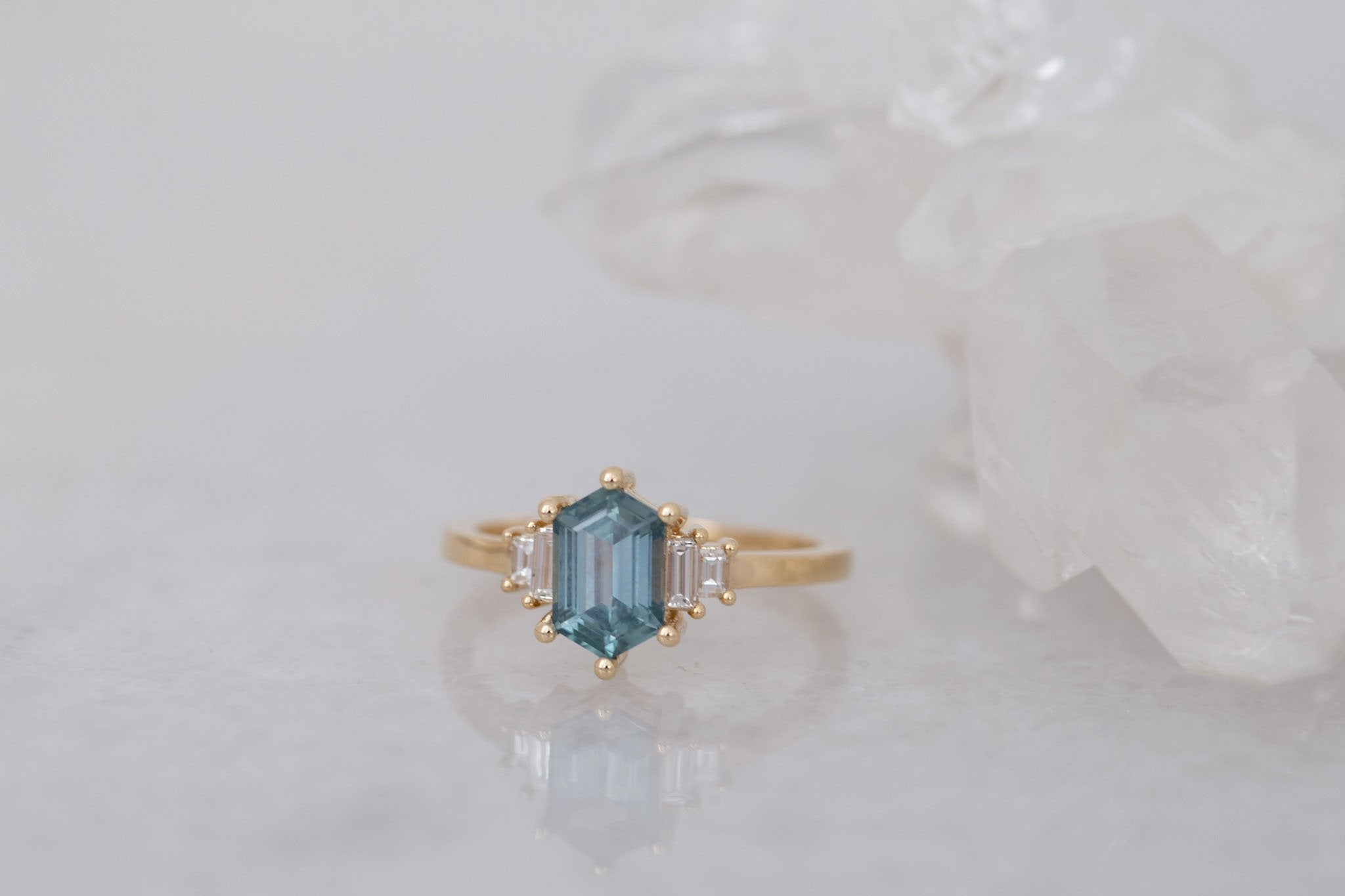 Ash Ring | Teal Hexagonal Montana Sapphire + Diamond Baguette Engagement Ring 1.54 ct | 14k Recycled Gold | One of a Kind