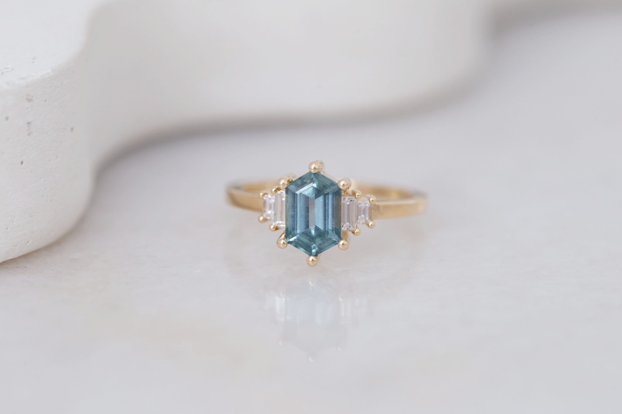 Ash Ring | Teal Hexagonal Montana Sapphire + Diamond Baguette Engagement Ring 1.54 ct | 14k Recycled Gold | One of a Kind