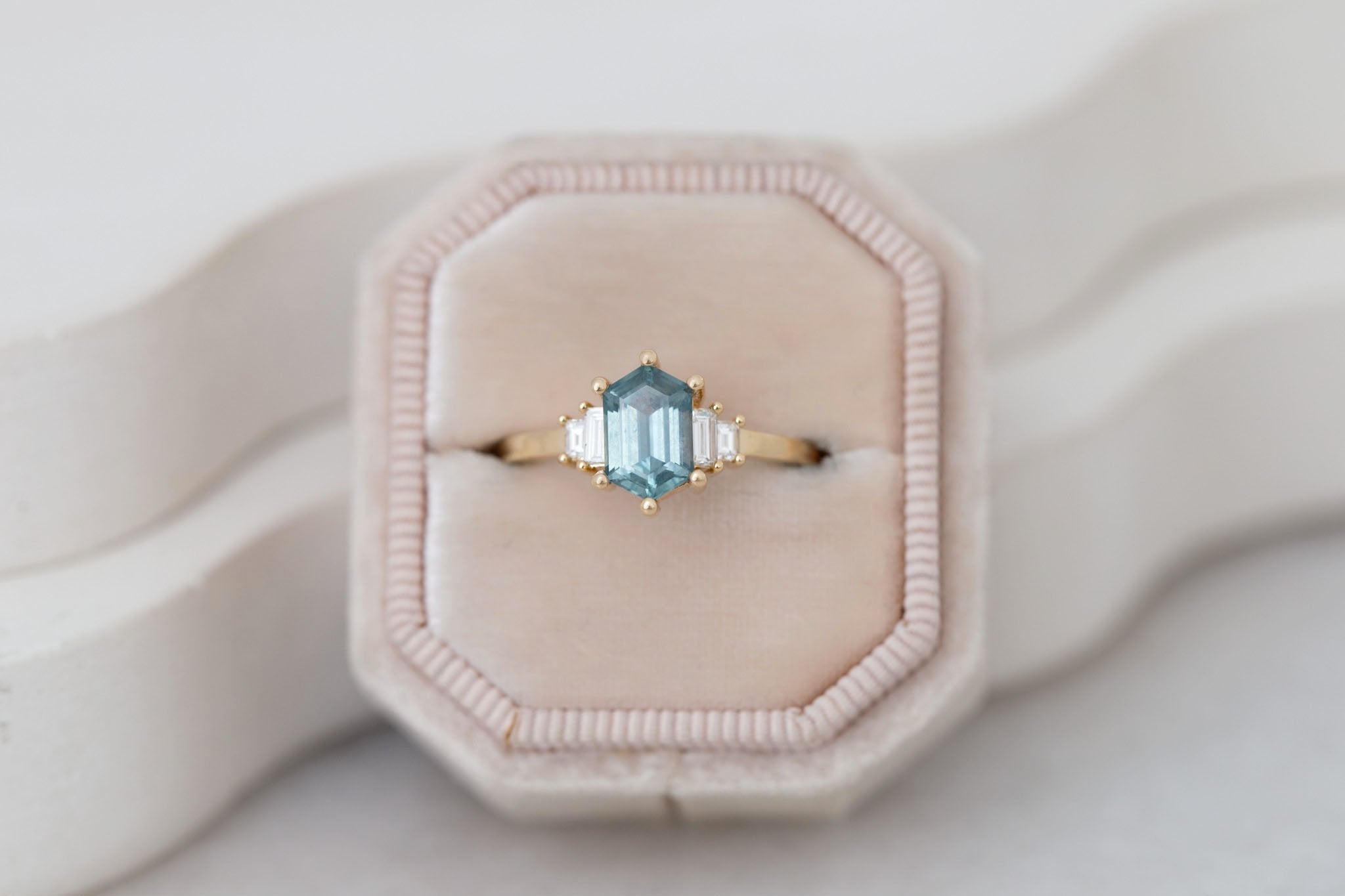 Ash Ring | Teal Hexagonal Montana Sapphire + Diamond Baguette Engagement Ring 1.54 ct | 14k Recycled Gold | One of a Kind