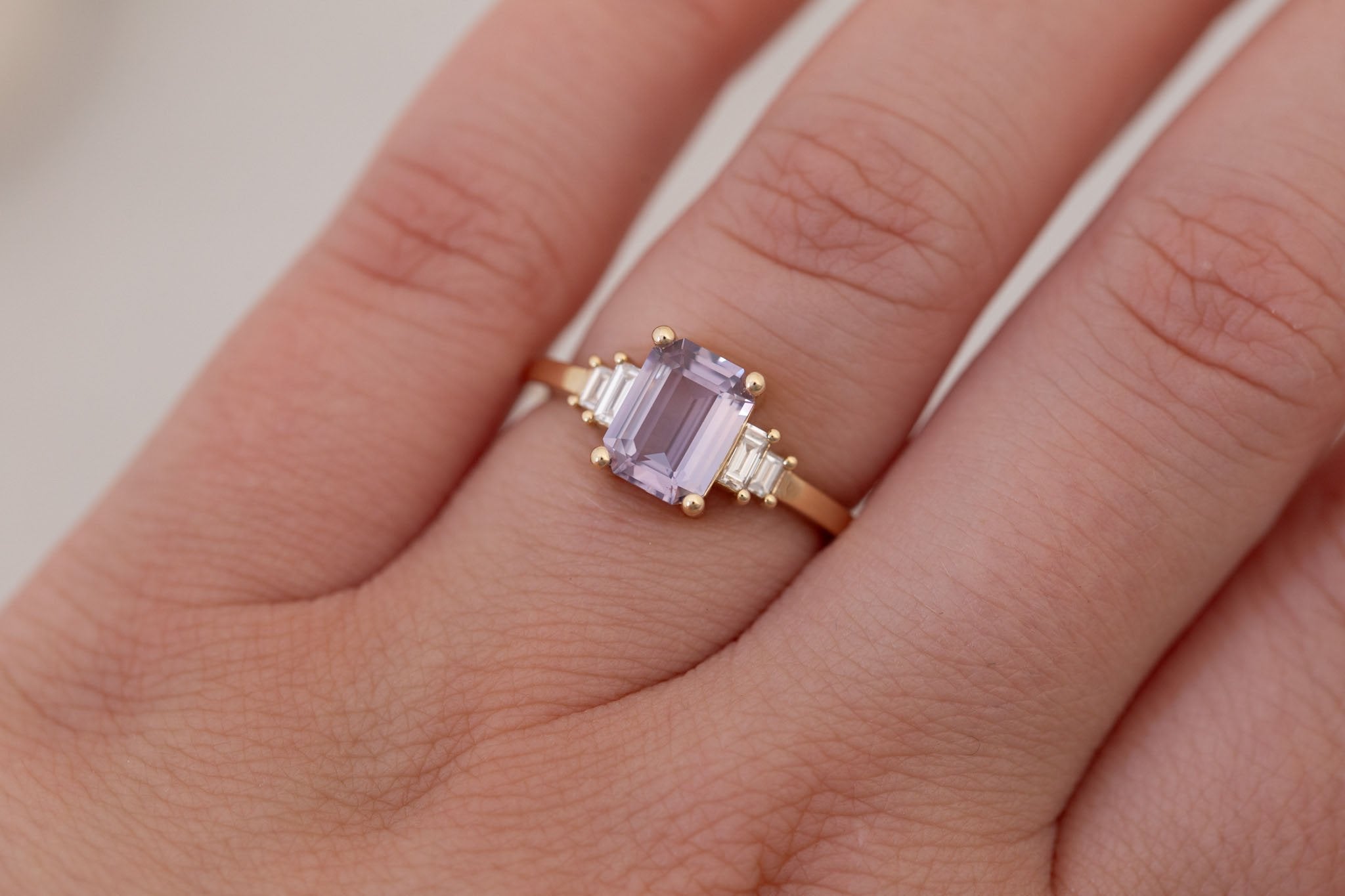 Ash Ring | Lavender Emerald Cut Sapphire + Diamond Baguette Engagement Ring 1.58 ct | 14k Recycled Gold | One of a Kind