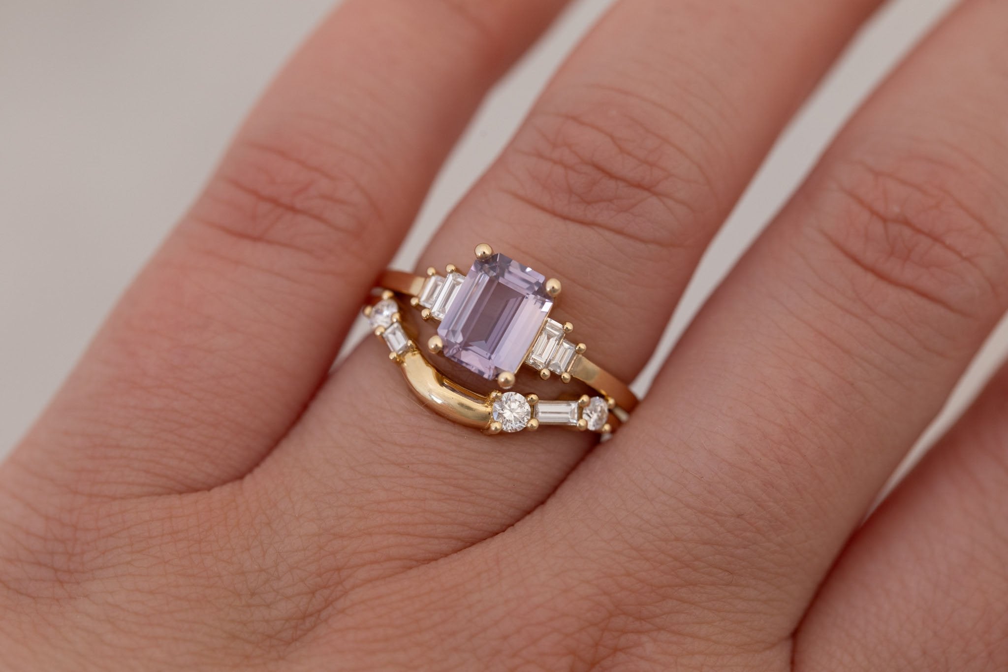 Ash Ring | Lavender Emerald Cut Sapphire + Diamond Baguette Engagement Ring 1.58 ct | 14k Recycled Gold | One of a Kind