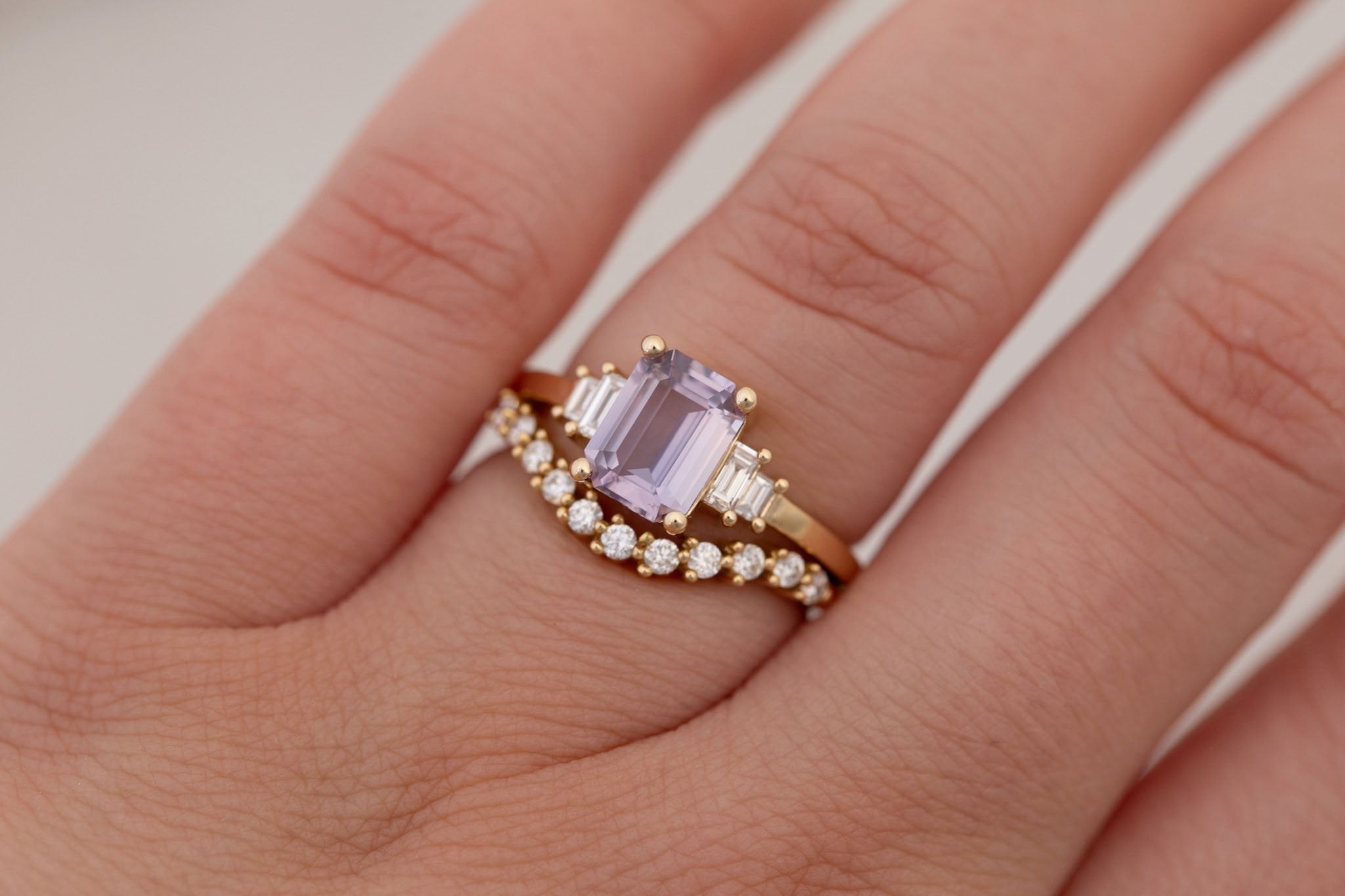 Ash Ring | Lavender Emerald Cut Sapphire + Diamond Baguette Engagement Ring 1.58 ct | 14k Recycled Gold | One of a Kind