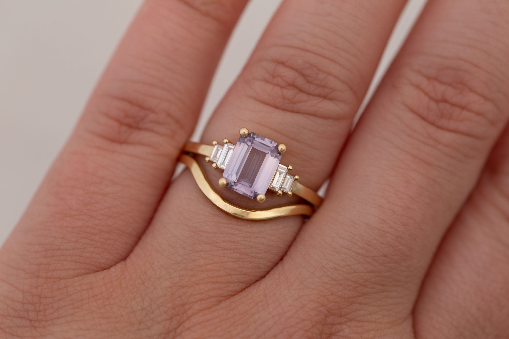Ash Ring | Lavender Emerald Cut Sapphire + Diamond Baguette Engagement Ring 1.58 ct | 14k Recycled Gold | One of a Kind