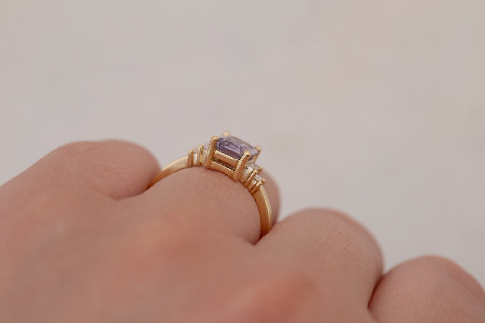 Ash Ring | Lavender Emerald Cut Sapphire + Diamond Baguette Engagement Ring 1.58 ct | 14k Recycled Gold | One of a Kind