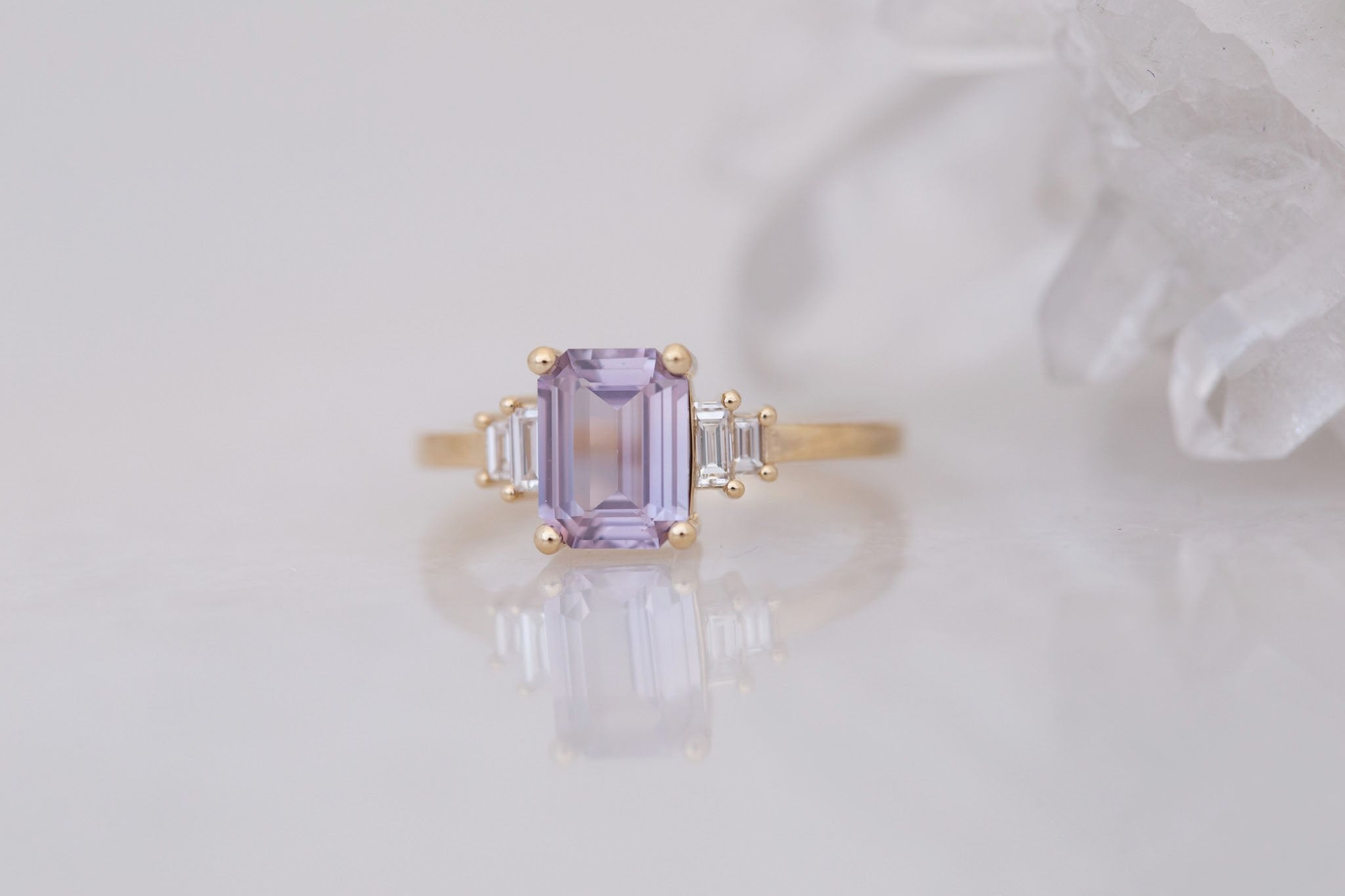 Ash Ring | Lavender Emerald Cut Sapphire + Diamond Baguette Engagement Ring 1.58 ct | 14k Recycled Gold | One of a Kind