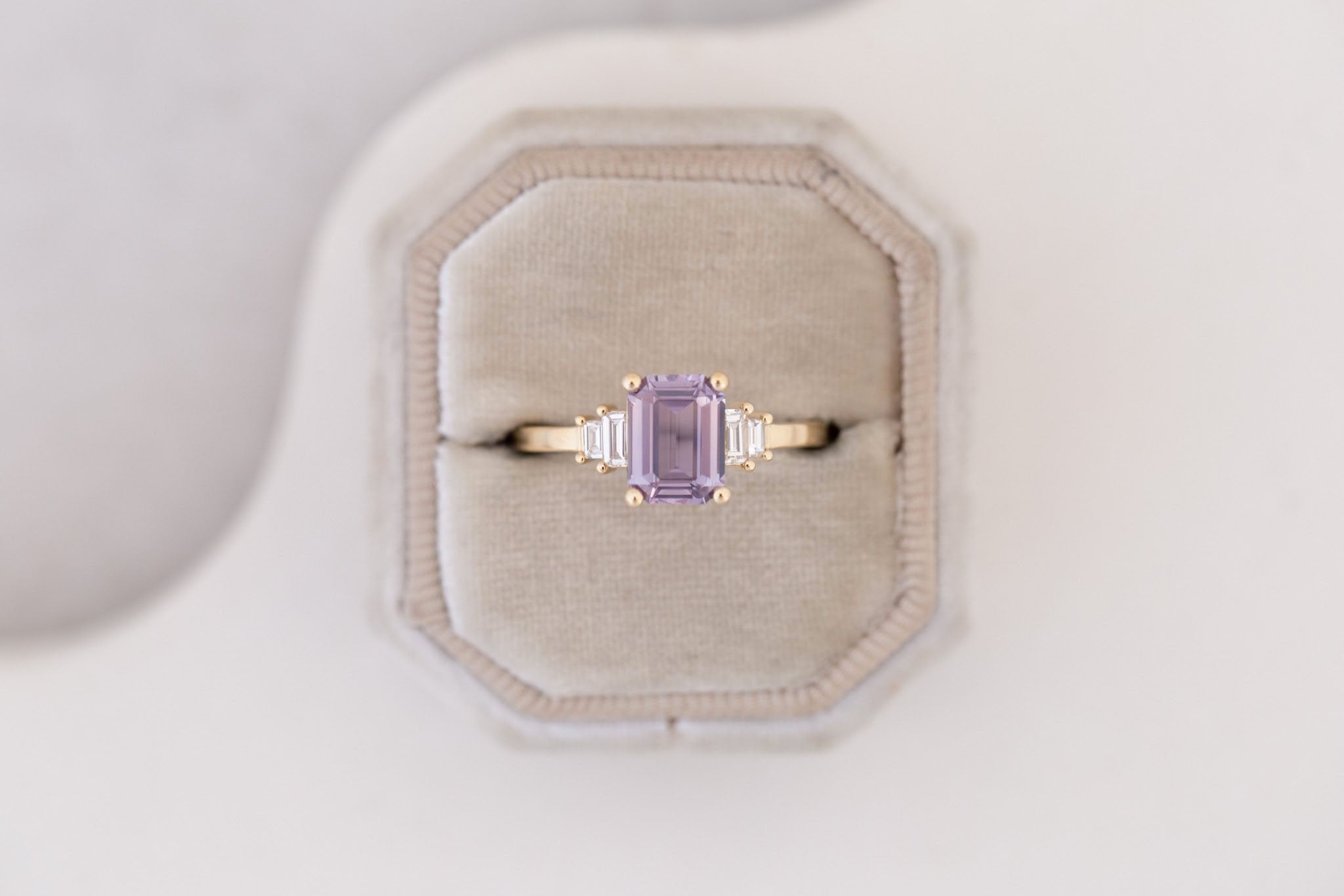 Ash Ring | Lavender Emerald Cut Sapphire + Diamond Baguette Engagement Ring 1.58 ct | 14k Recycled Gold | One of a Kind