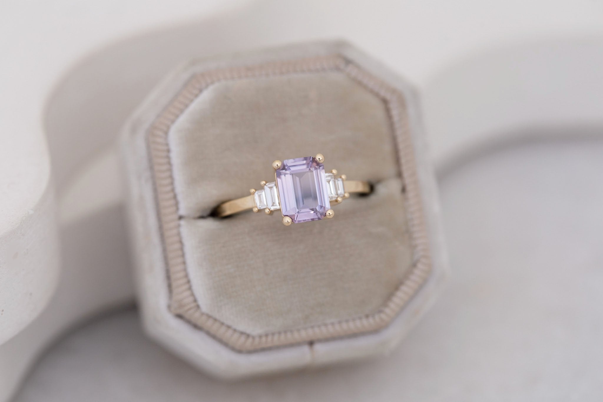 Ash Ring | Lavender Emerald Cut Sapphire + Diamond Baguette Engagement Ring 1.58 ct | 14k Recycled Gold | One of a Kind