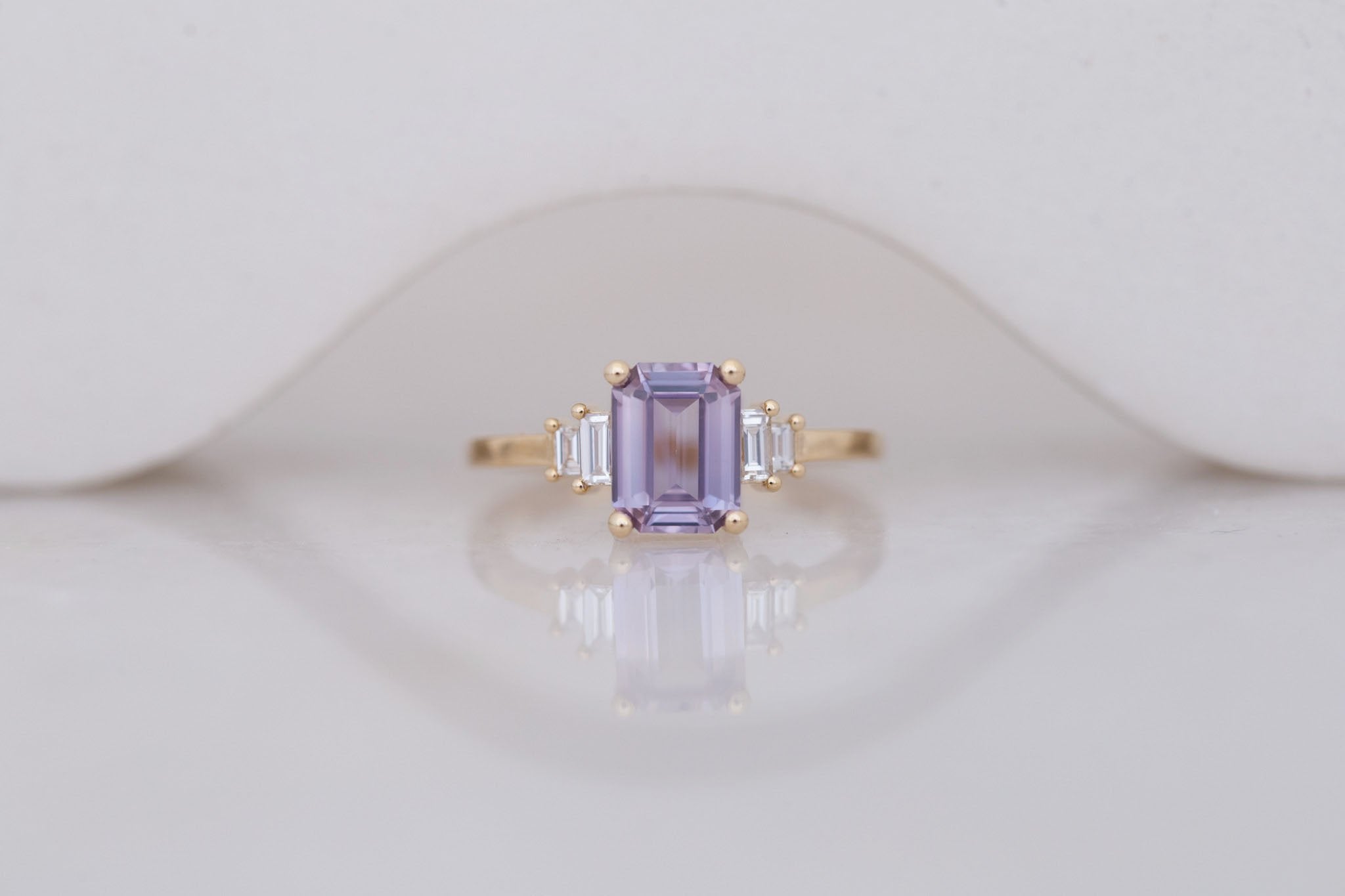 Ash Ring | Lavender Emerald Cut Sapphire + Diamond Baguette Engagement Ring 1.58 ct | 14k Recycled Gold | One of a Kind