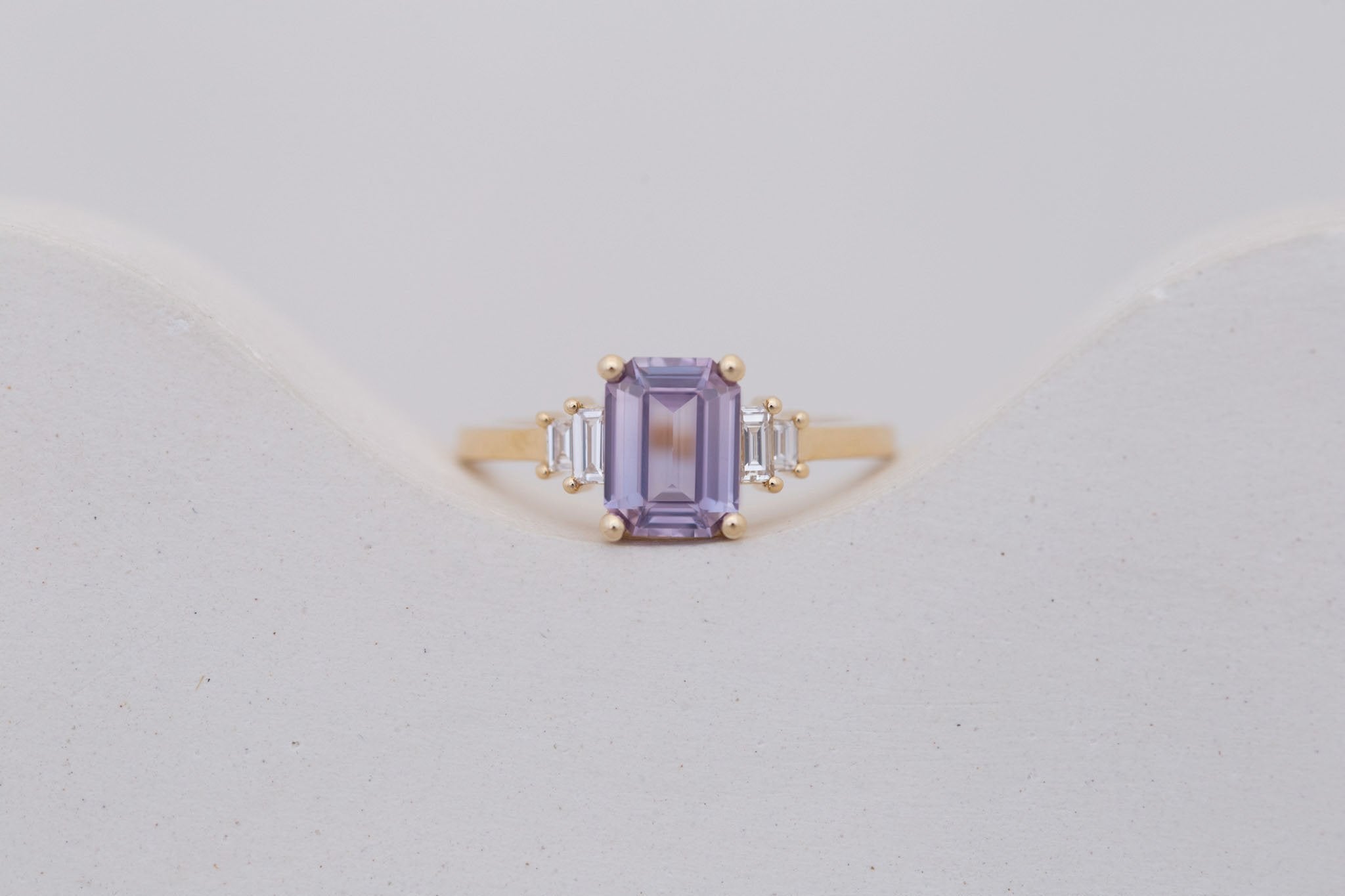 Ash Ring | Lavender Emerald Cut Sapphire + Diamond Baguette Engagement Ring 1.58 ct | 14k Recycled Gold | One of a Kind