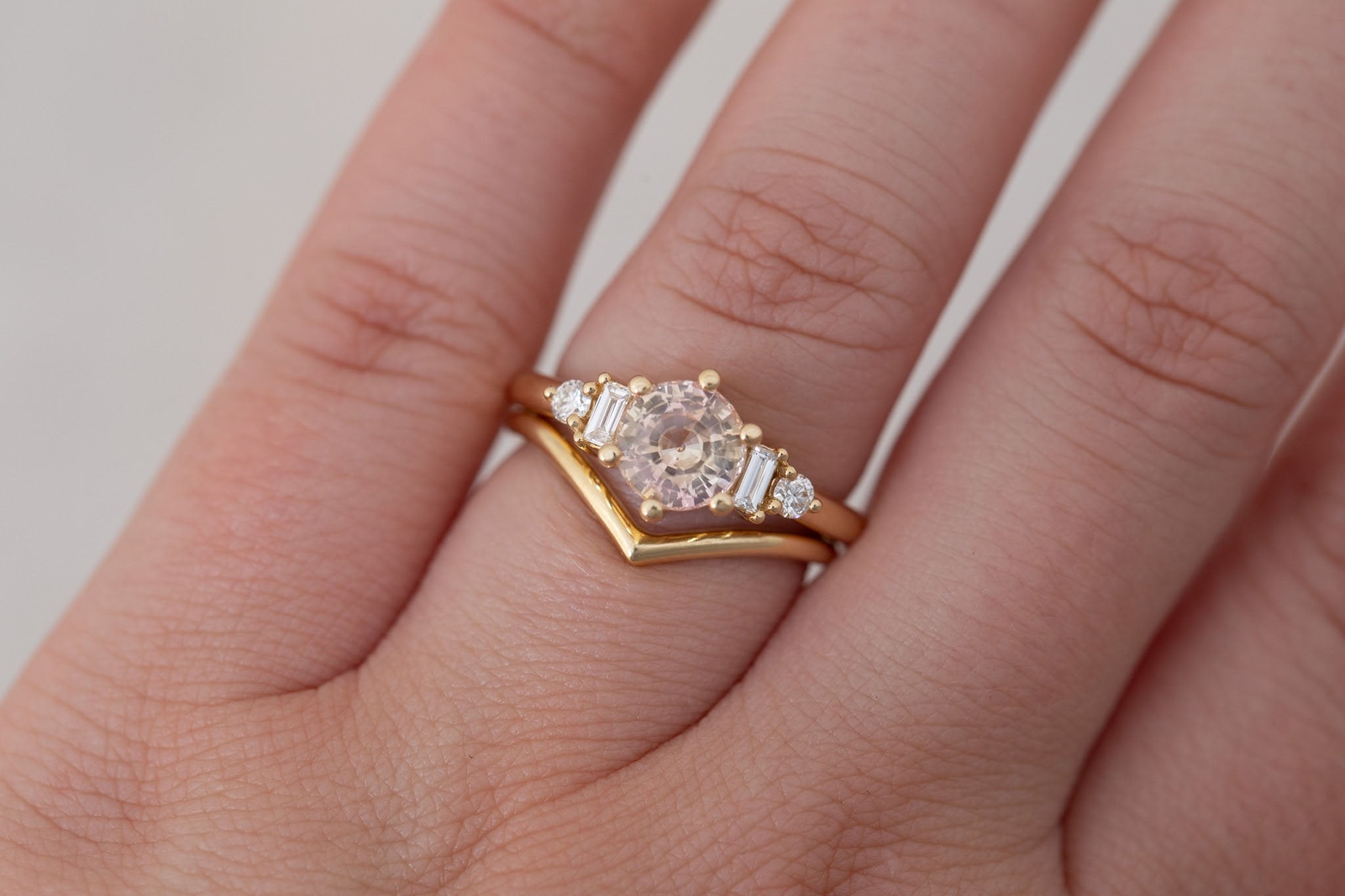 Alsea Ring | Peach Bicolor Sapphire + Baguette and Round Diamond Accent Engagement Ring 1.64 ct | 14k Recycled Gold | One of a Kind