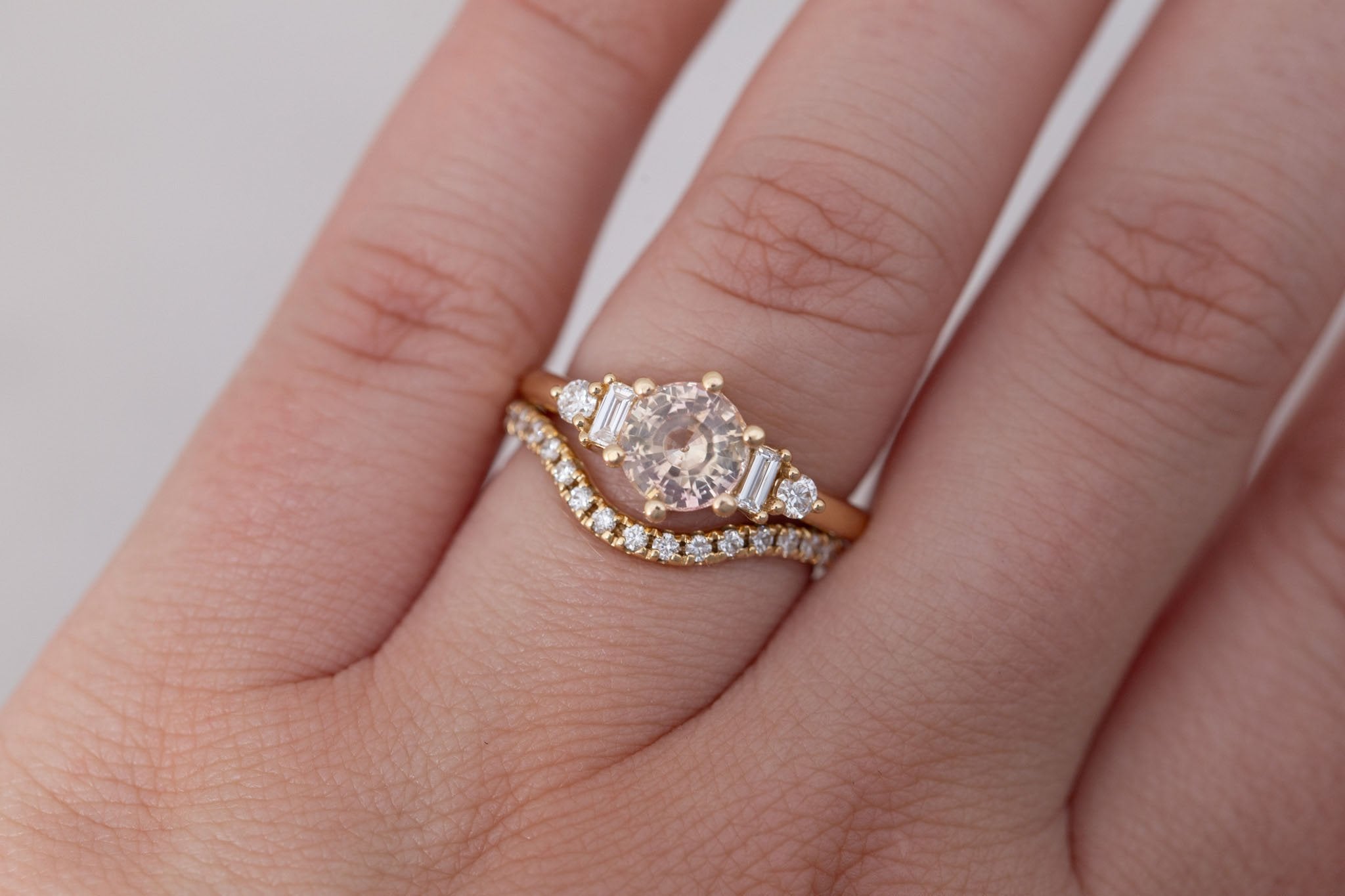 Alsea Ring | Peach Bicolor Sapphire + Baguette and Round Diamond Accent Engagement Ring 1.64 ct | 14k Recycled Gold | One of a Kind