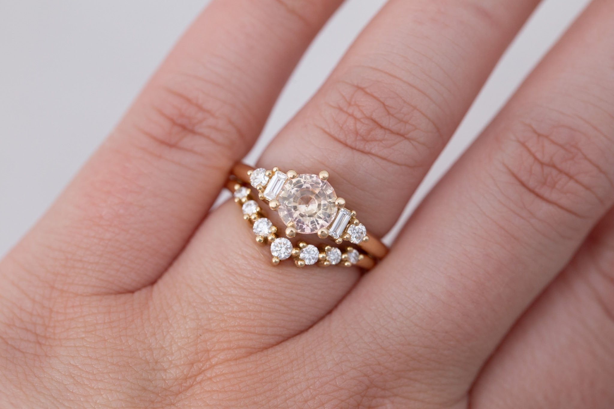 Alsea Ring | Peach Bicolor Sapphire + Baguette and Round Diamond Accent Engagement Ring 1.64 ct | 14k Recycled Gold | One of a Kind