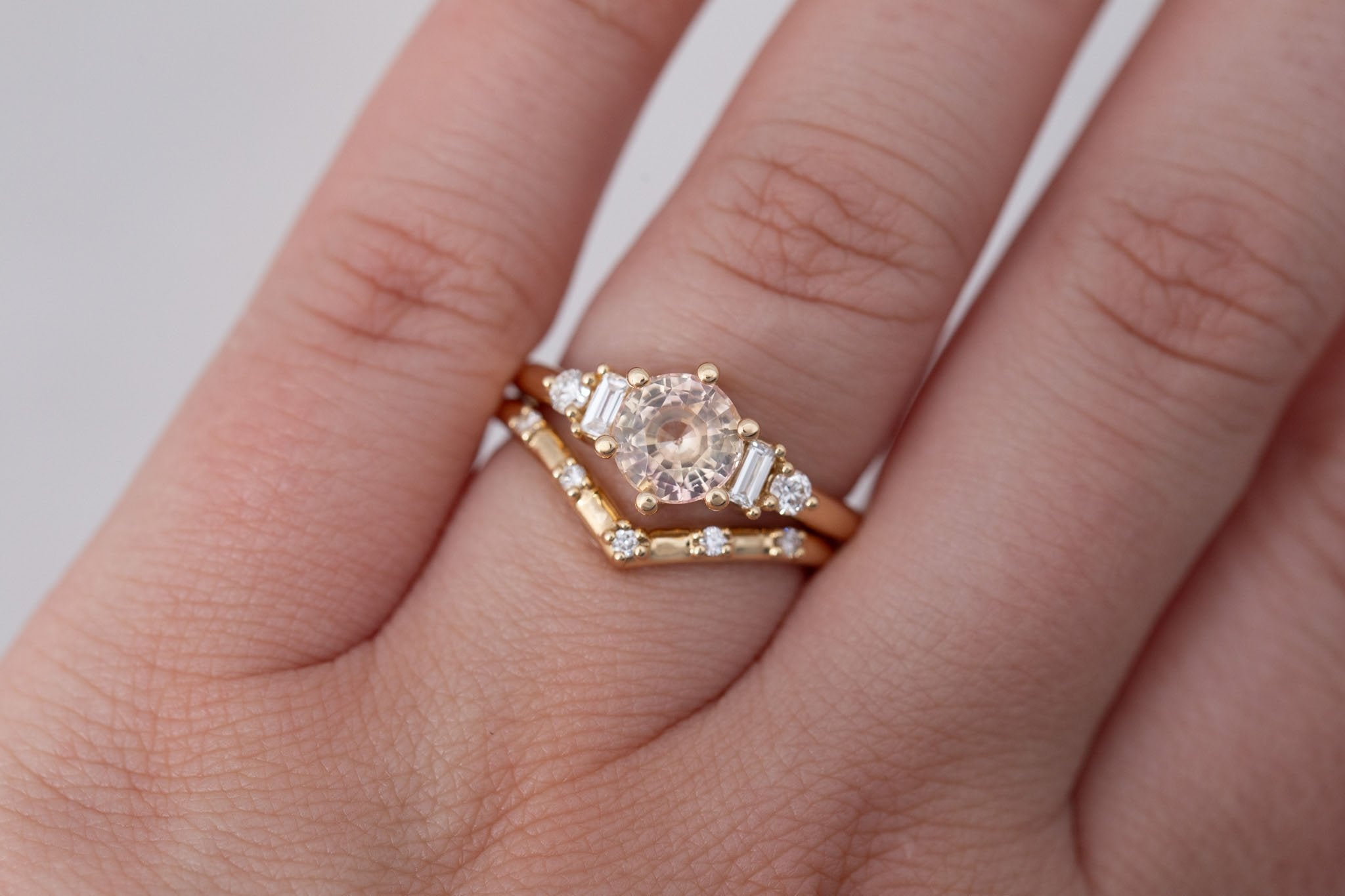 Alsea Ring | Peach Bicolor Sapphire + Baguette and Round Diamond Accent Engagement Ring 1.64 ct | 14k Recycled Gold | One of a Kind